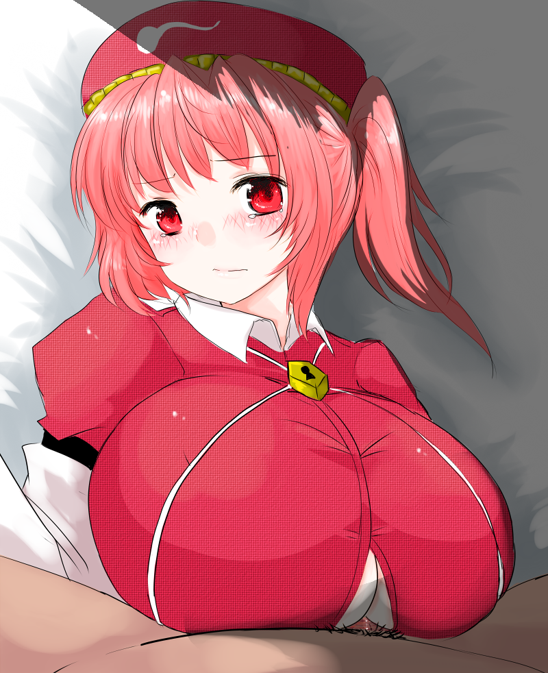 bed big_breasts blush breasts cleavage female han64 han_(jackpot) hat huge_breasts human lock male mitori_kawashiro paizuri paizuri_under_clothes penis pink_hair pubic_hair red_eyes straight tear touhou uncensored underboob_peek