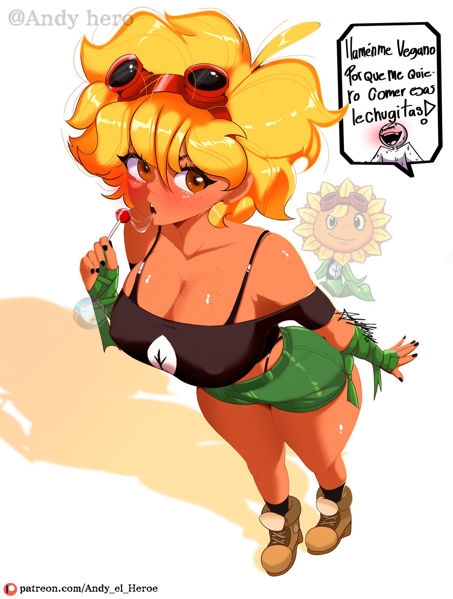 andy hero, ass, big ass, big breasts, big butt, big thighs, big titties, breasts, clothing, curvaceous, curvaceous female, curvaceous figure, curvy, curvy figure, curvy hips, female, female focus, female only, looking at viewer, plants vs zombies, short hair, solar flare (peargor), solar flare (pvz), sunflower (pvz), tan body, tan skin, tanline, yellow hair