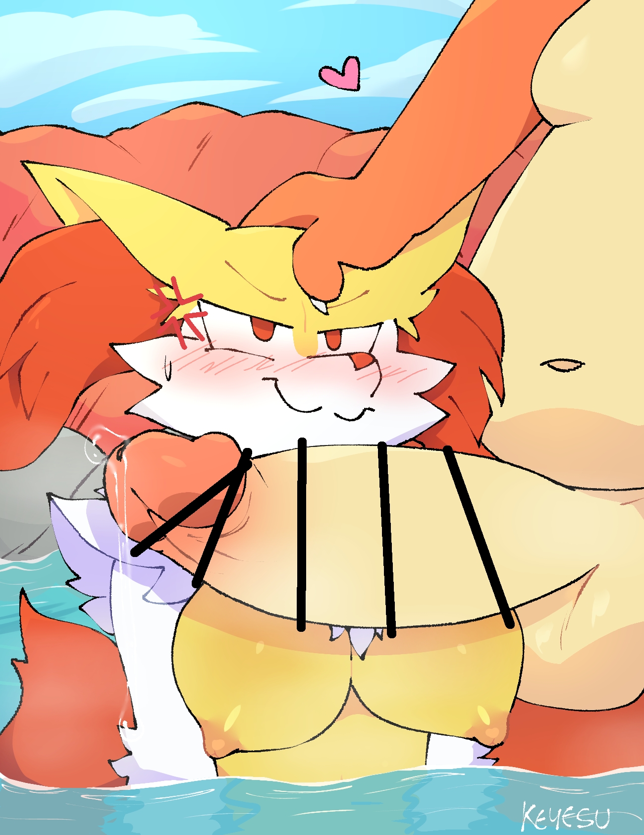 1boy, 1girls, anger vein, animal ears, animal nose, annoyed, anthro, artist name, balls, bar censor, blush, braixen, breasts, censored, charizard, chubby, claws, closed mouth, day, erection, female, fox, fox ears, fox girl, fur, furry, furry female, generation 1 pokemon, generation 6 pokemon, hand on another's head, heart, imminent fellatio, inner ear fluff, keyesu, large breasts, large penis, male, multicolored fur, navel, nintendo, nipples, orange body, outside, partially submerged, penis, pointless censoring, pokemon, pokemon (species), precum, red eyes, size difference, sky, snout, sweatdrop, testicles, wading, water, white fur, yellow fur