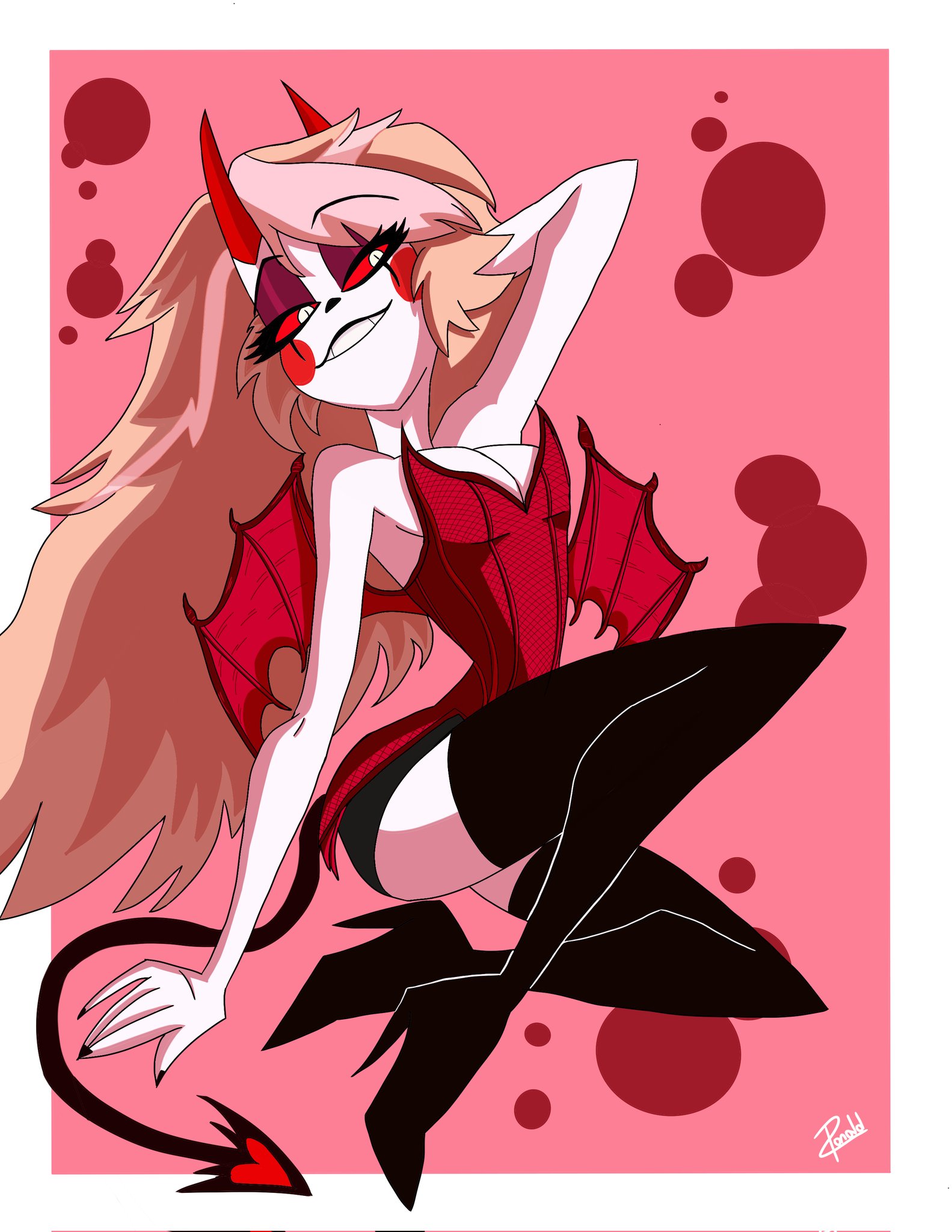 boots, charlie morningstar (hazbin hotel), cleavage, demon, demon girl, female, hazbin hotel, sitting, solo, solo female, solo focus, thetitandraw, thighs, twitter, vivienne medrano, vivziepop