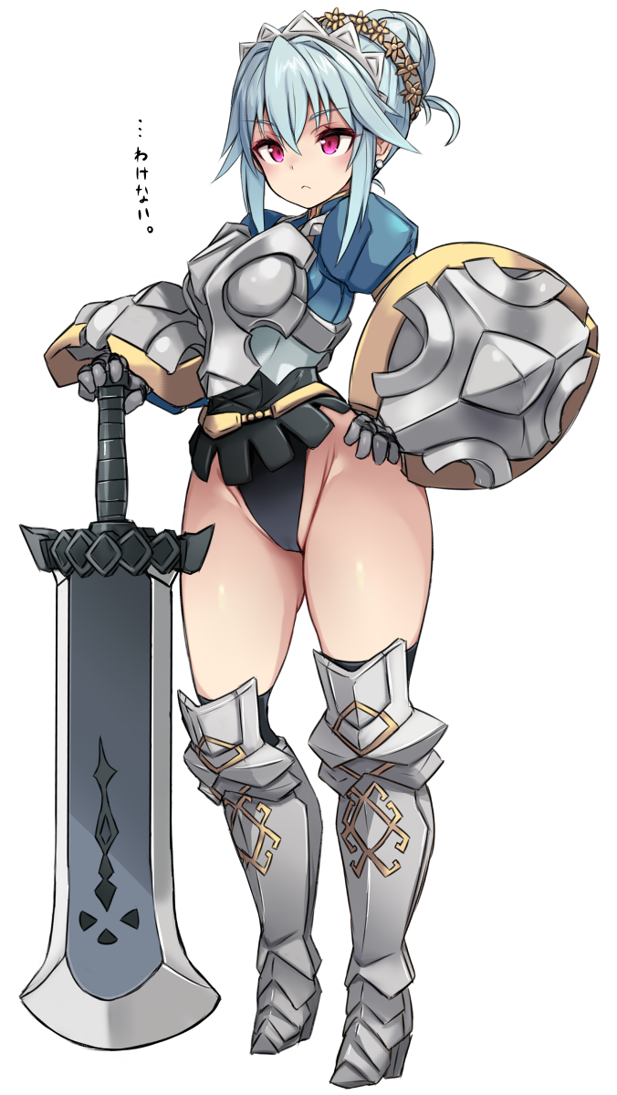 armor armored_boots armored_gloves bikini_armor blue_hair female female_only fully_clothed hand_on_hip high_heels japanese_text karukan_(monjya) pink_eyes revealing_clothes shield simple_background sword tagme text translation_request unicorn_overlord virginia_(unicorn_overlord)