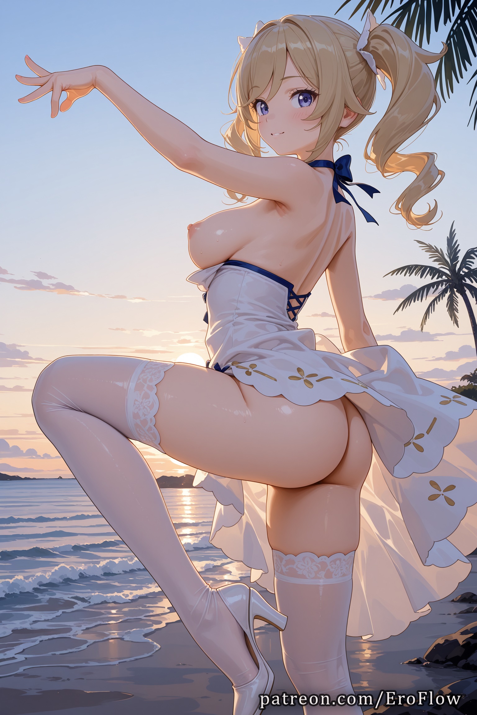 1girls, 2025, ai generated, ass, bangs, barbara (genshin impact), bare shoulders, beach, blonde hair, blue eyes, blush, breasts, breasts out, closed mouth, dress, drill hair, eroflow, female, from side, genshin impact, hi res, high heels, highres, hoyoverse, leg up, long hair, looking at viewer, looking to the side, medium breasts, mihoyo, mihoyo technology (shanghai) co. ltd., nipples, no panties, ocean, outdoors, palm tree, patreon, sky, sleeveless, sleeveless dress, smile, solo, standing, standing on one leg, thighhighs, thighs, tree, twintails, voluptuous, voluptuous female, water, white dress, white thighhighs