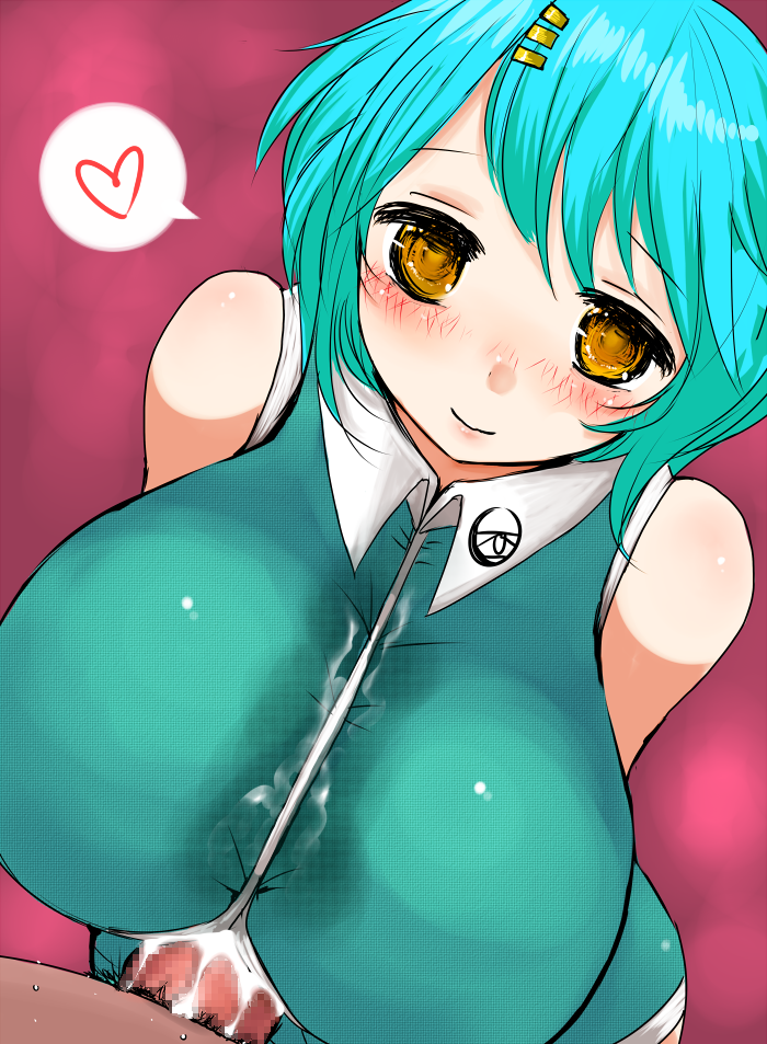 blush breasts censored cum cum_on_body cum_on_breasts cum_on_upper_body dark-skinned_male female green_hair hair_ornament han64 han_(jackpot) huge_breasts male paizuri paizuri_under_clothes penis short_hair smile straight