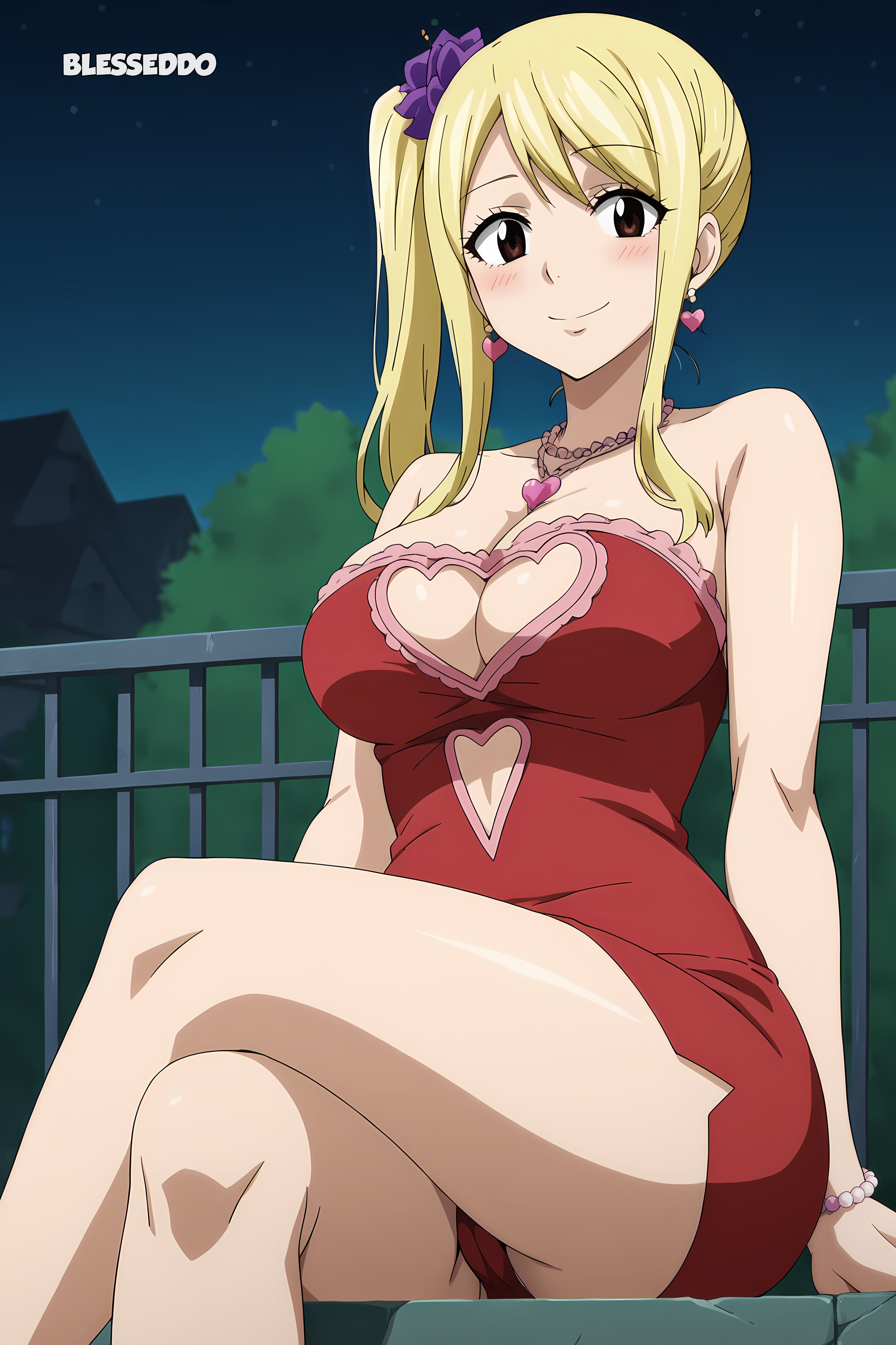 1girls, ai generated, blesseddo, blonde hair, blonde-haired female, blush, boob window, breasts, cleavage, fairy tail, female, female only, long hair, looking at viewer, lucy heartfilia, ponytail, solo, thighs
