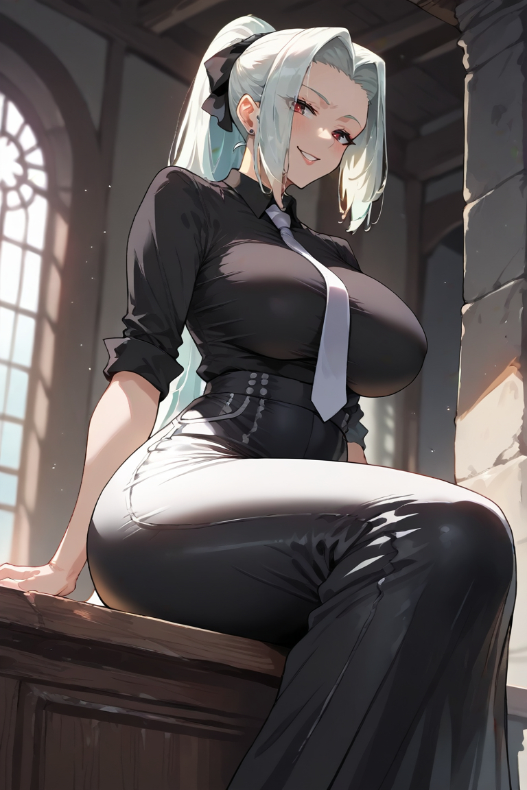 ai generated, ass, big breasts, breasts, fat ass, fat butt, female, from below, jujutsu kaisen, mei mei (jujutsu kaisen), slim waist, smiling at viewer, smirk, smirking, smug, tight clothing, tight fit, white hair, wide hips