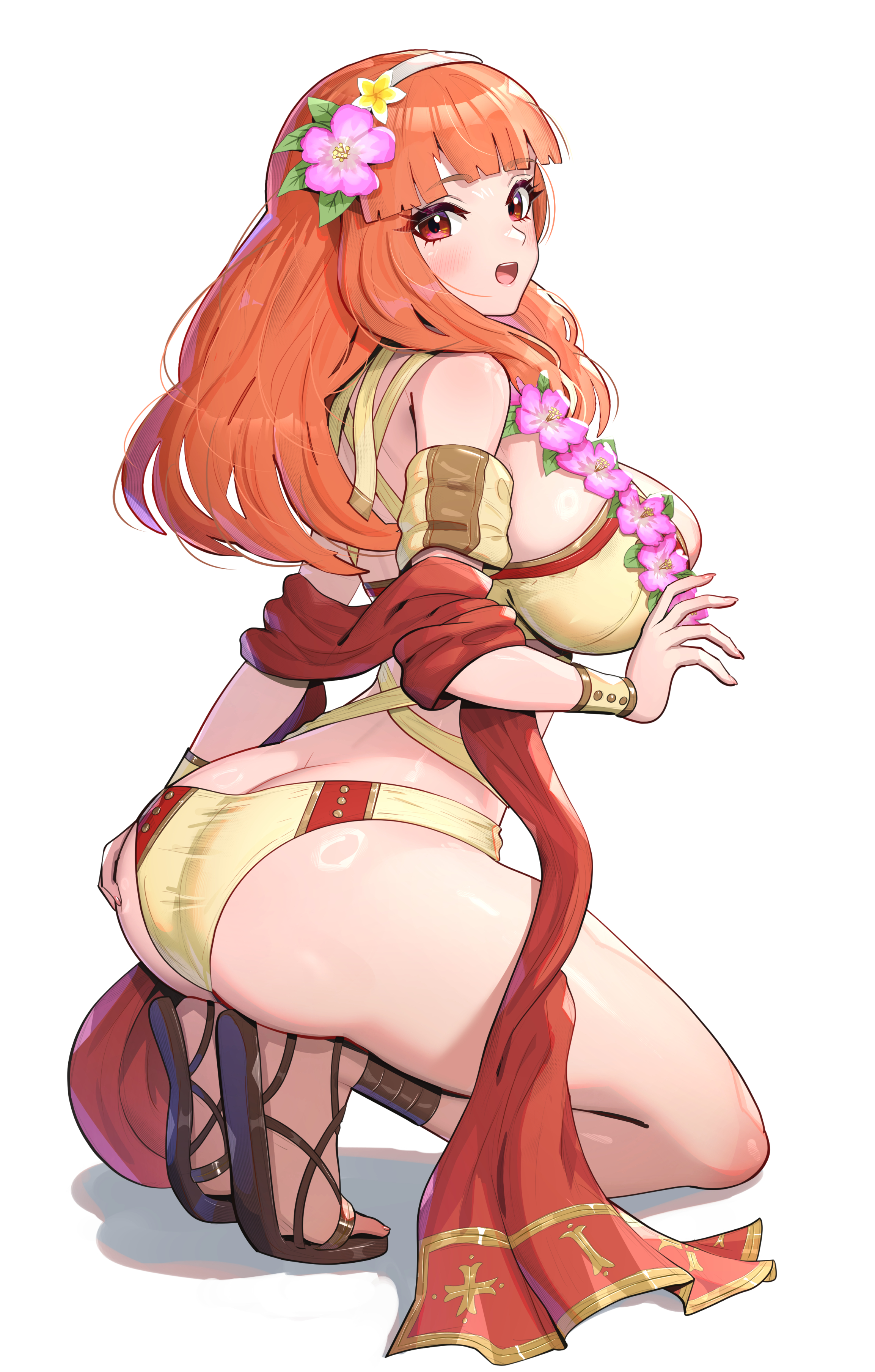 1girls, absurdres, ass, bare shoulders, big breasts, bikini, blunt bangs, blush, breasts, brown bikini, butt crack, celica (fire emblem), celica (summer) (fire emblem), cleavage, female, female only, fire emblem, fire emblem heroes, flower, flower hairband, flower necklace, gonzarez, hair flower, hair ornament, hairband, highres, jewelry, lei, looking at viewer, necklace, nintendo, official alternate costume, open mouth, open toe footwear, open toe shoes, priestess, red eyes, red hair, red sash, red shawl, sandals, sash, shawl, sideboob, simple background, smile, solo, swimsuit, white background