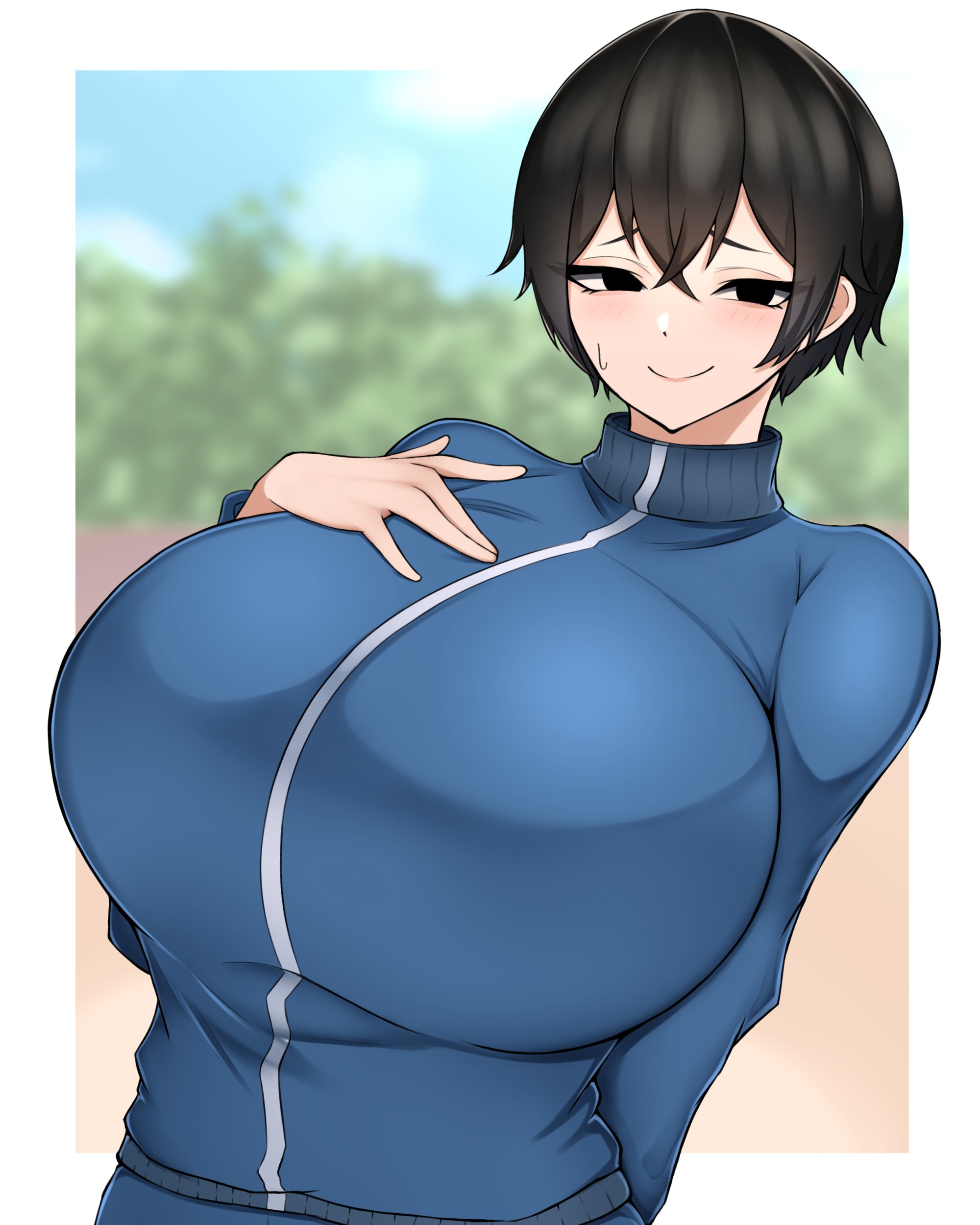 black eyes, black hair, breasts, female, hand on breast, huge breasts, jacket, looking at viewer, original, short hair, solo, sweatdrop, tokitamago, track suit