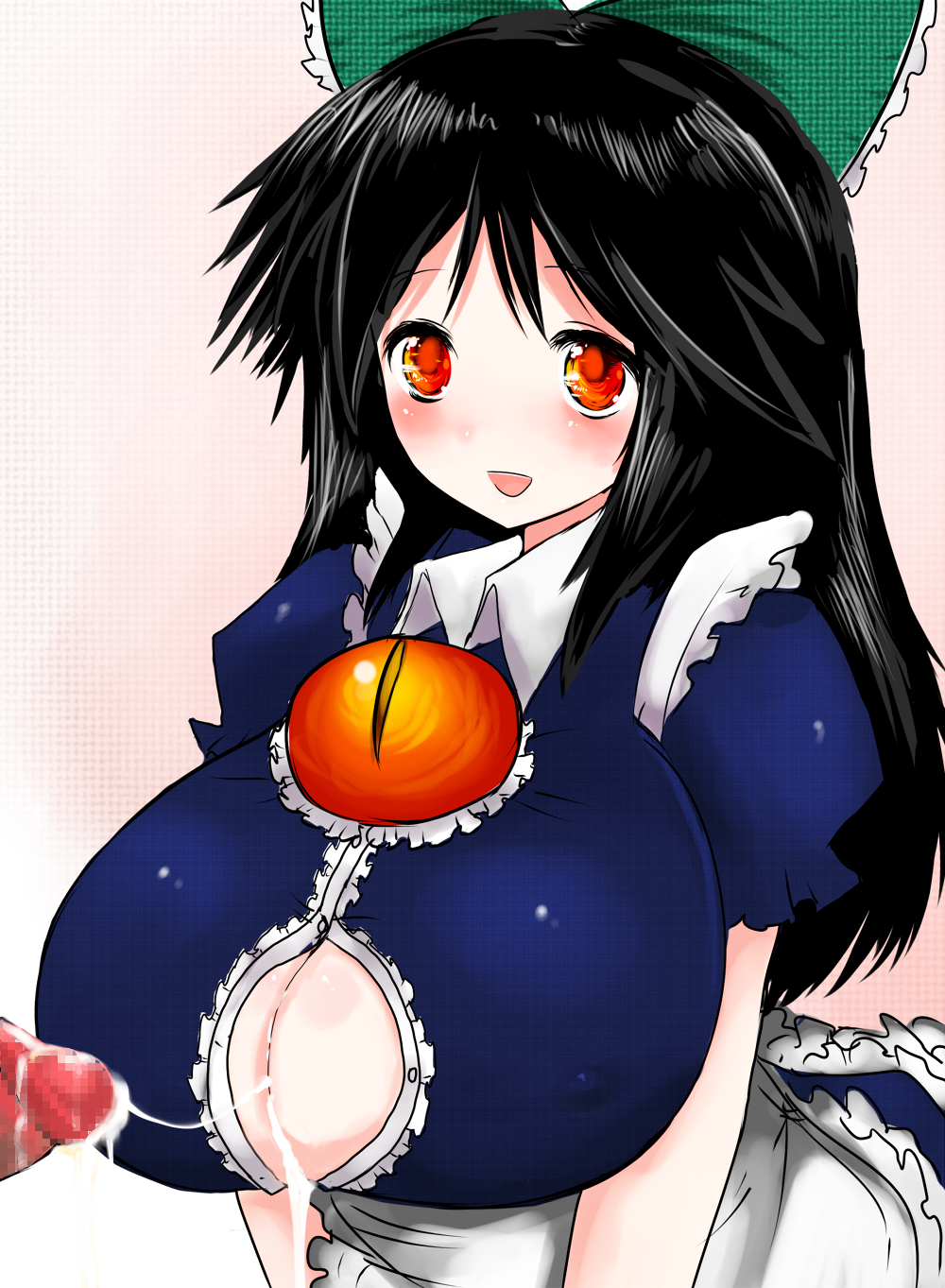 3_eyes alternate_costume black_hair breasts cleavage cum cum_on_body cum_on_breasts cum_on_upper_body dark-skinned_male hair_ornament han64 han_(jackpot) highres huge_breasts long_hair maid multi_eye red_eyes touhou utsuho_reiuji