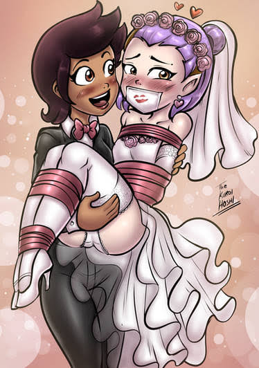 2girls, amity blight, blush, blushing, bondage, bride, dakuroihoshi, disney, disney channel, female, female only, femsub, happy sub, human, kiss mark, lezdom, luz noceda, multiple females, multiple girls, no watermark, purple hair, romantic, tape, tape gag, the owl house, tied up, wedding dress, witch (the owl house)
