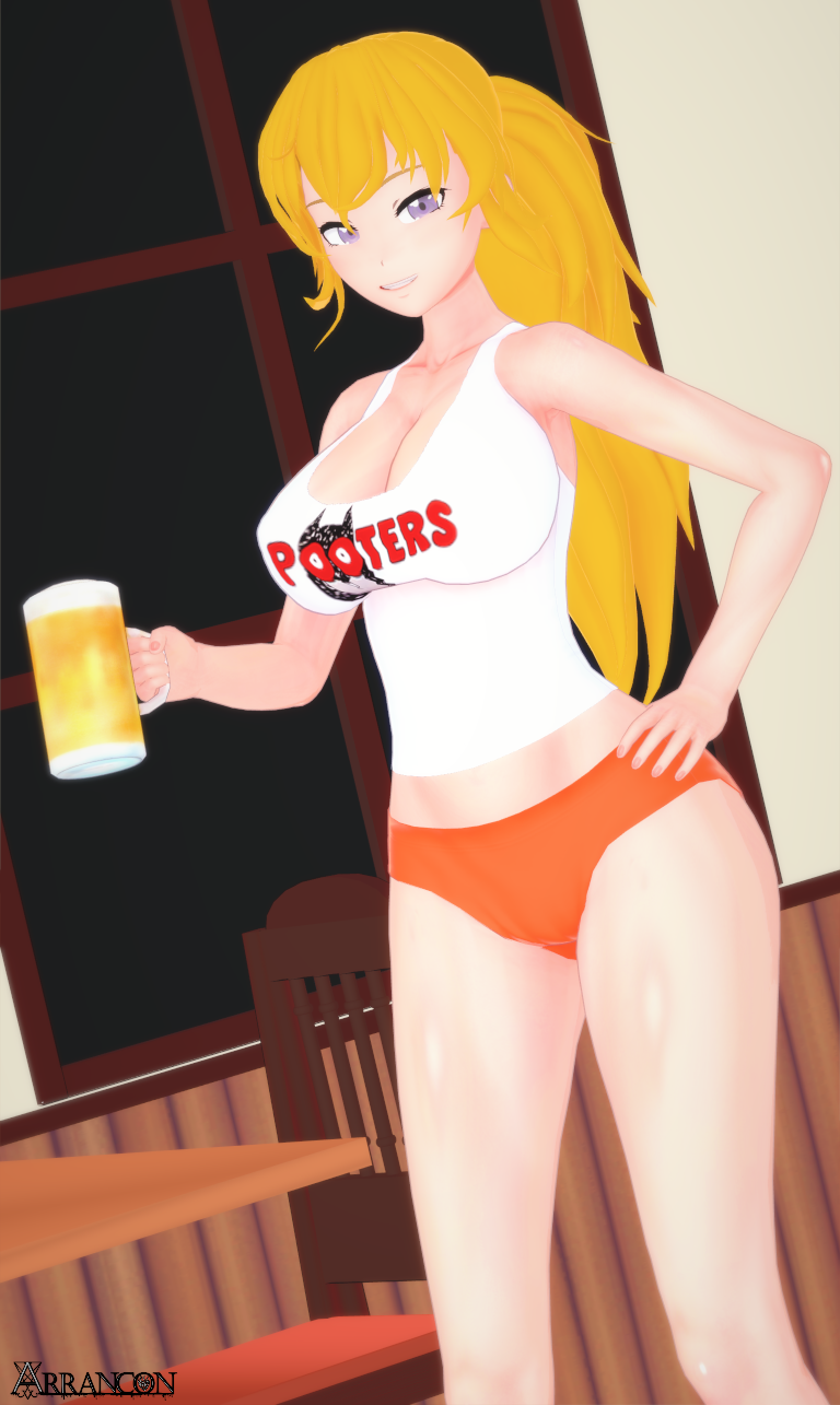 1girls arrancon beer beer_glass blonde_female blonde_hair hooters hooters_uniform ponytail purple_eyes rwby yang_xiao_long