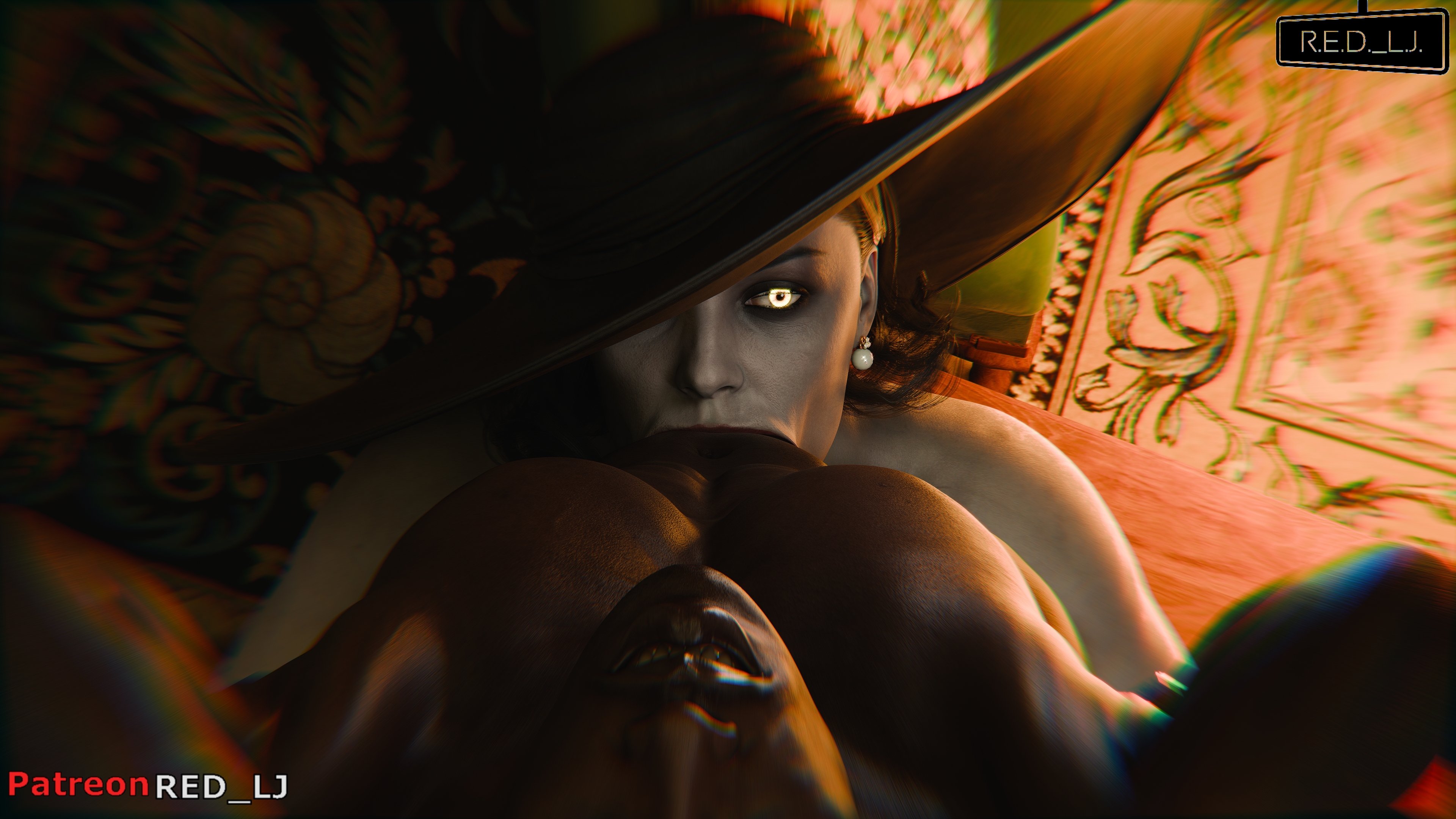 :>=, 1boy, 1girls, 3d, alcina dimitrescu, black hair, blender (software), blowjob, capcom, cup, dark skin, dark-skinned male, deepthroat, enormous penis, fellatio, female, hat, huge cock, huge penis, hyper, hyper penis, interracial, light skin, light-skinned female, long penis, male, massive penis, milf, mother, necklace, oral, oral sex, pale skin, pale-skinned female, penis, red lj, resident evil, resident evil 4, resident evil 8: village, thick penis