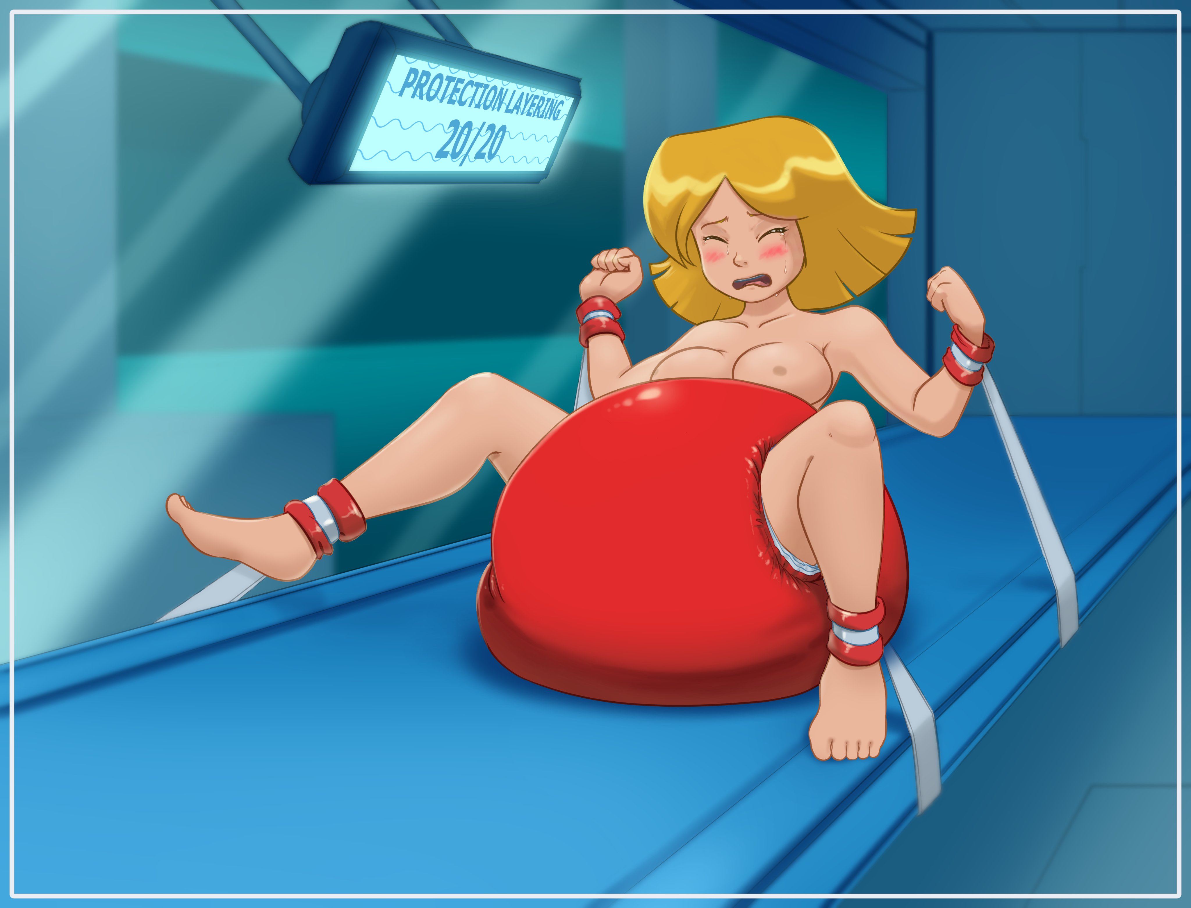 1girls, blonde hair, bondage, breasts, closed eyes, clover (totally spies), diaper, diaper cover, female, humiliation, nipples, paddedroom, totally spies