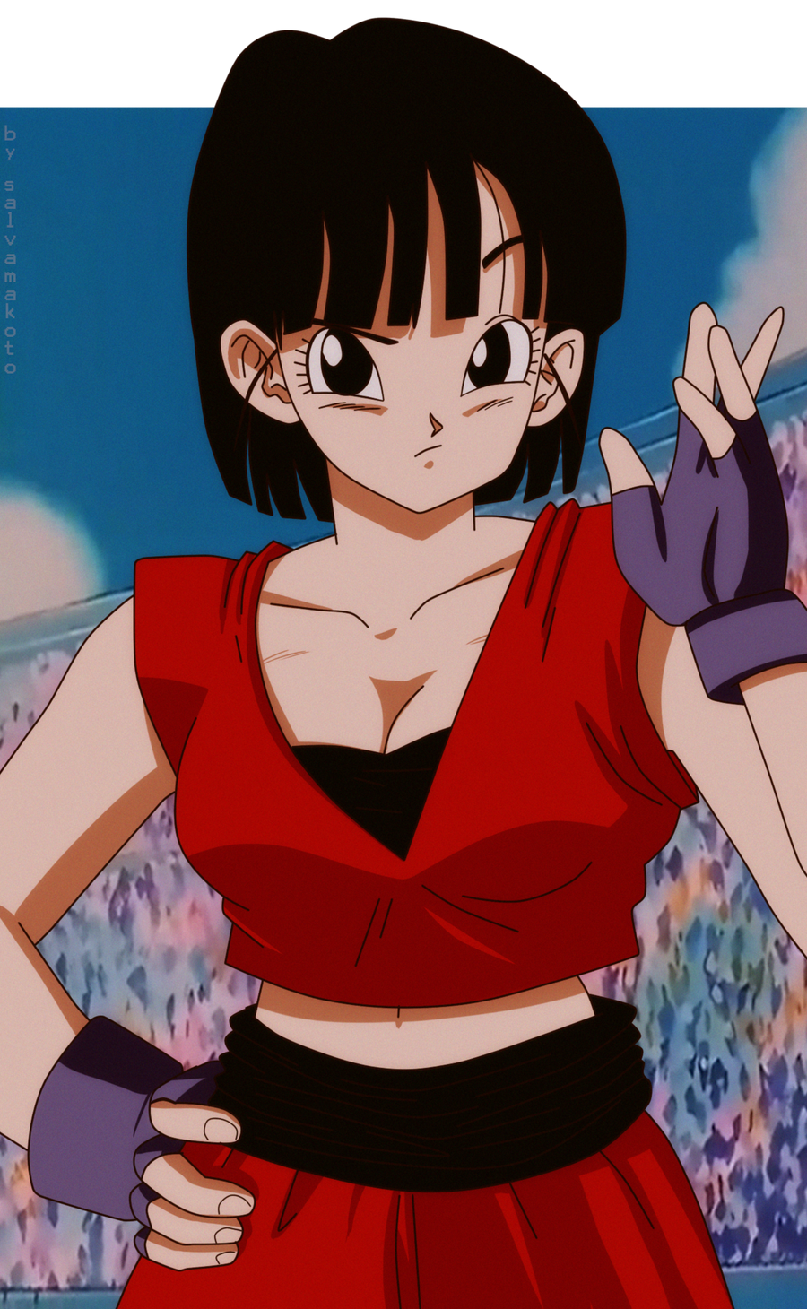 aged_up big_breasts black_eyes black_hair breasts clothed clothed_female dragon_ball dragon_ball_gt dragon_ball_z exposed_midriff female female_focus female_only fingerless_gloves light-skinned_female light_skin looking_at_viewer midriff pan_(dragon_ball) salvamakoto solo solo_female solo_focus