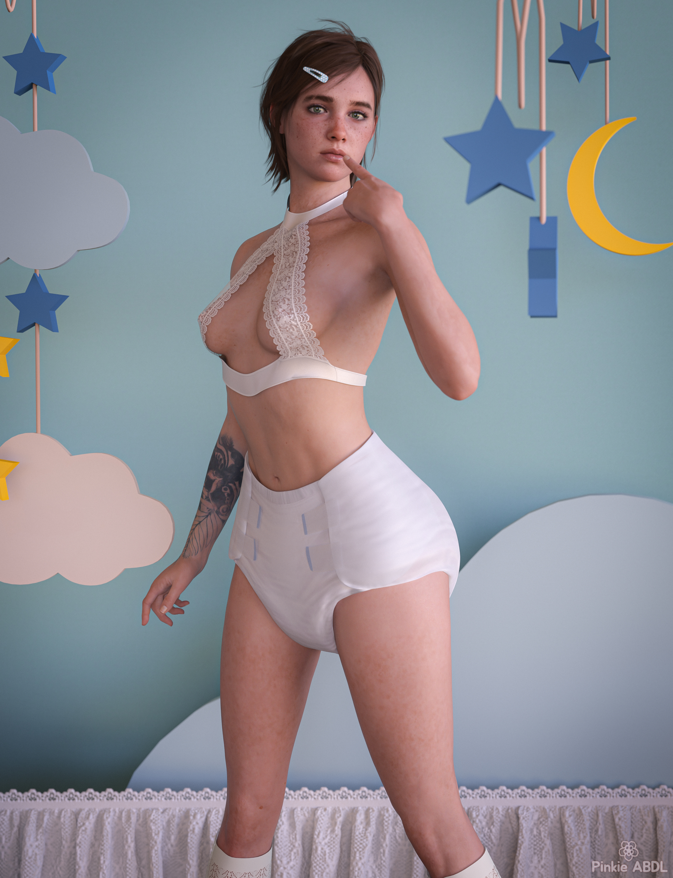 1girls, 3d, breasts, brown hair, cleavage, diaper, ellie (the last of us), ellie williams, female, freckles, lingerie, naughty dog, nipples visible through clothing, pinkie abdl, sideboob, solo, the last of us, the last of us 2