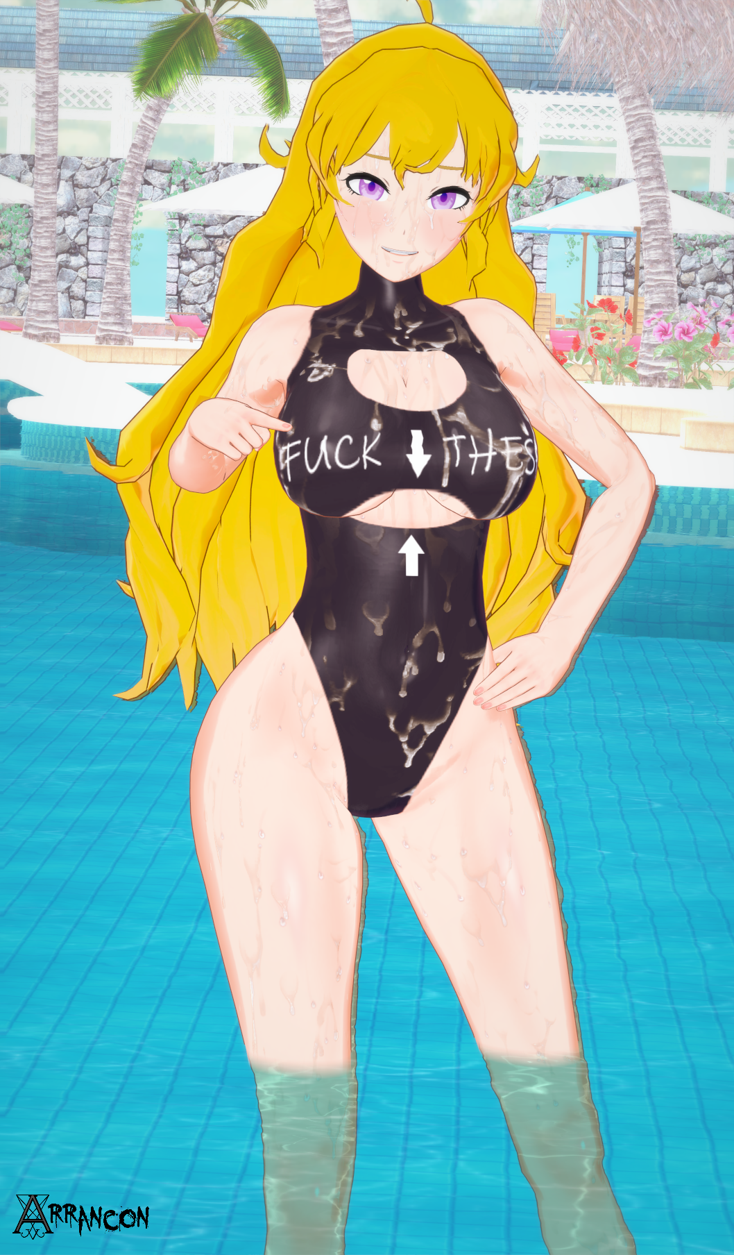 1girls arrancon blonde_female blonde_hair cleavage_cutout cum cum_on_body cum_on_breasts cum_on_face fuck-me_shirt fuck_me_(text) long_hair long_hair_female one-piece_swimsuit purple_eyes rwby swimming_pool swimsuit writing yang_xiao_long