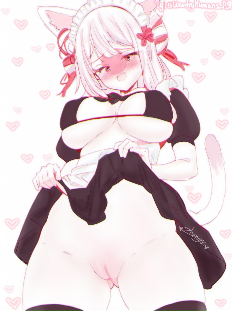 1girls animal_ears animal_tail big_breasts blush cat_ears cat_tail countryhumans countryhumans_girl female female_only headdress heart japan_(countryhumans) lifting_skirt looking_at_viewer maid_headdress maid_uniform pussy watermark zheniyss