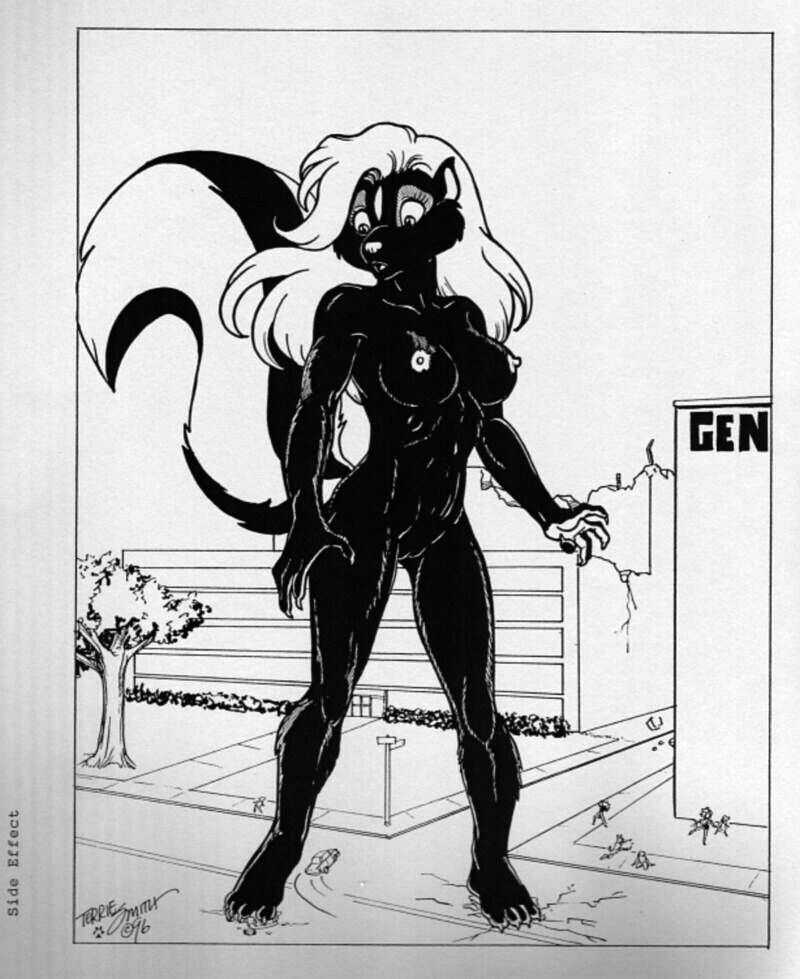 1990s 1996 20th_century anthro black_and_white black_fur breasts female furry giantess macro nipples nudity pussy skunk terrie_smith