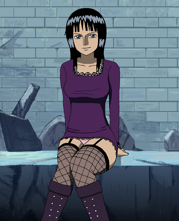 1girls artist_request black_hair blue_eyes dress female female_only looking_at_viewer nico_robin one_piece panties pantyshot pink_panties pre-timeskip purple_dress sitting smile thriller_bark upskirt yonkaku