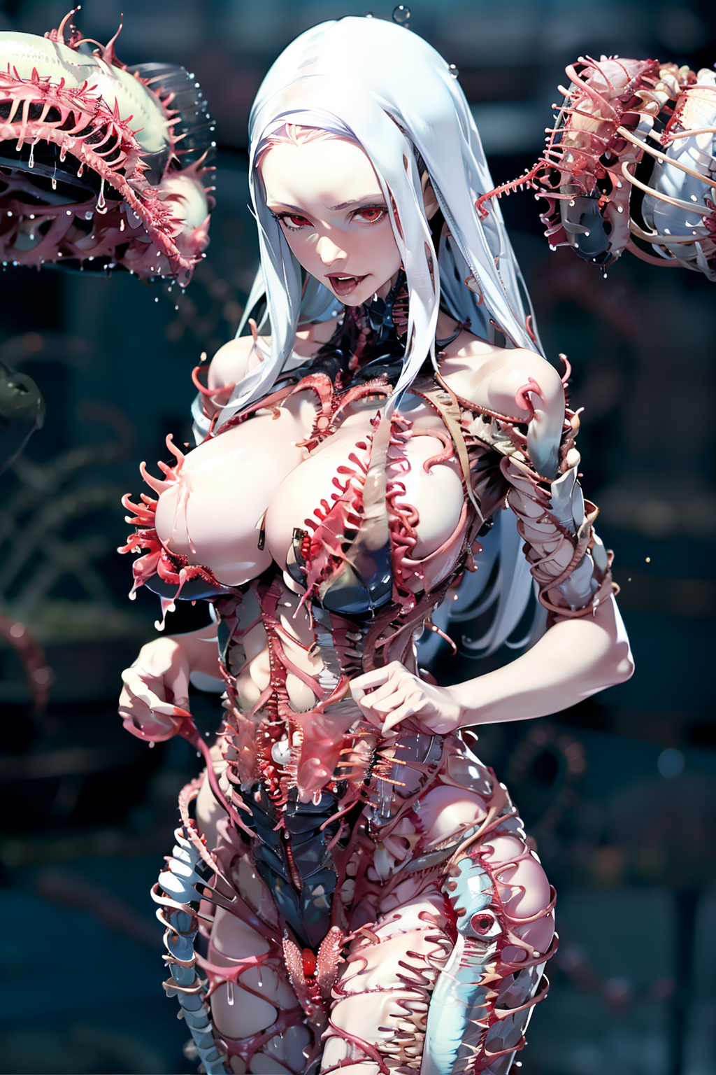 1girls ai_generated alien_plants big_breasts bodysuit breasts cleavage cleavage_cutout cleavage_window collar exposed_shoulders female female_focus female_only gripping_clothes light-skinned_female light_skin living_clothes long_hair original plants pulling_clothing red_eyes red_lips short_sleeves solo solo_female solo_focus straight_hair tentacle tentacle_clothes tentacle_clothing tentacle_suit tentacle_suit_girl_(floppyudon95) tentacles_around_arms tentacles_around_legs tentacles_everywhere tentacles_under_clothes white_hair