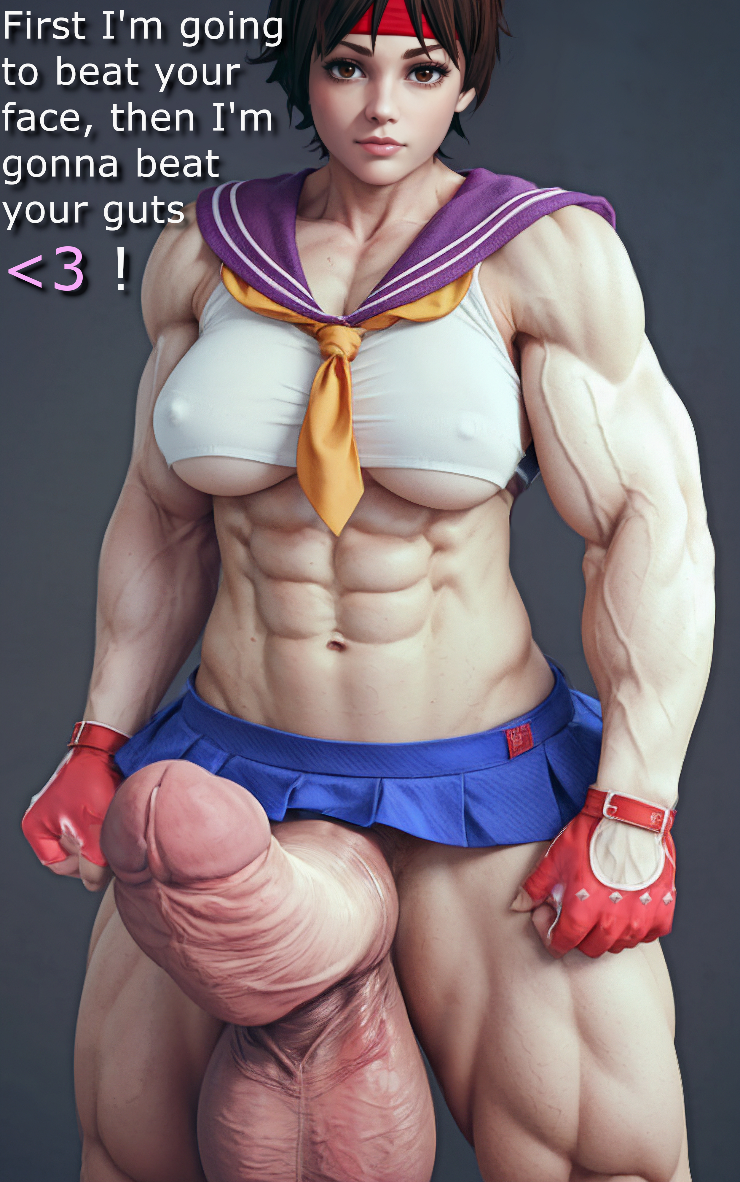3d, abs, ai generated, balls, erection, female, futa only, futanari, hdregrets, headband, huge balls, huge cock, intersex, miniskirt, muscular, muscular futa, muscular thighs, penis, sailor collar, sakura kasugano, school uniform, schoolgirl, solo futa, street fighter, talking to viewer, text