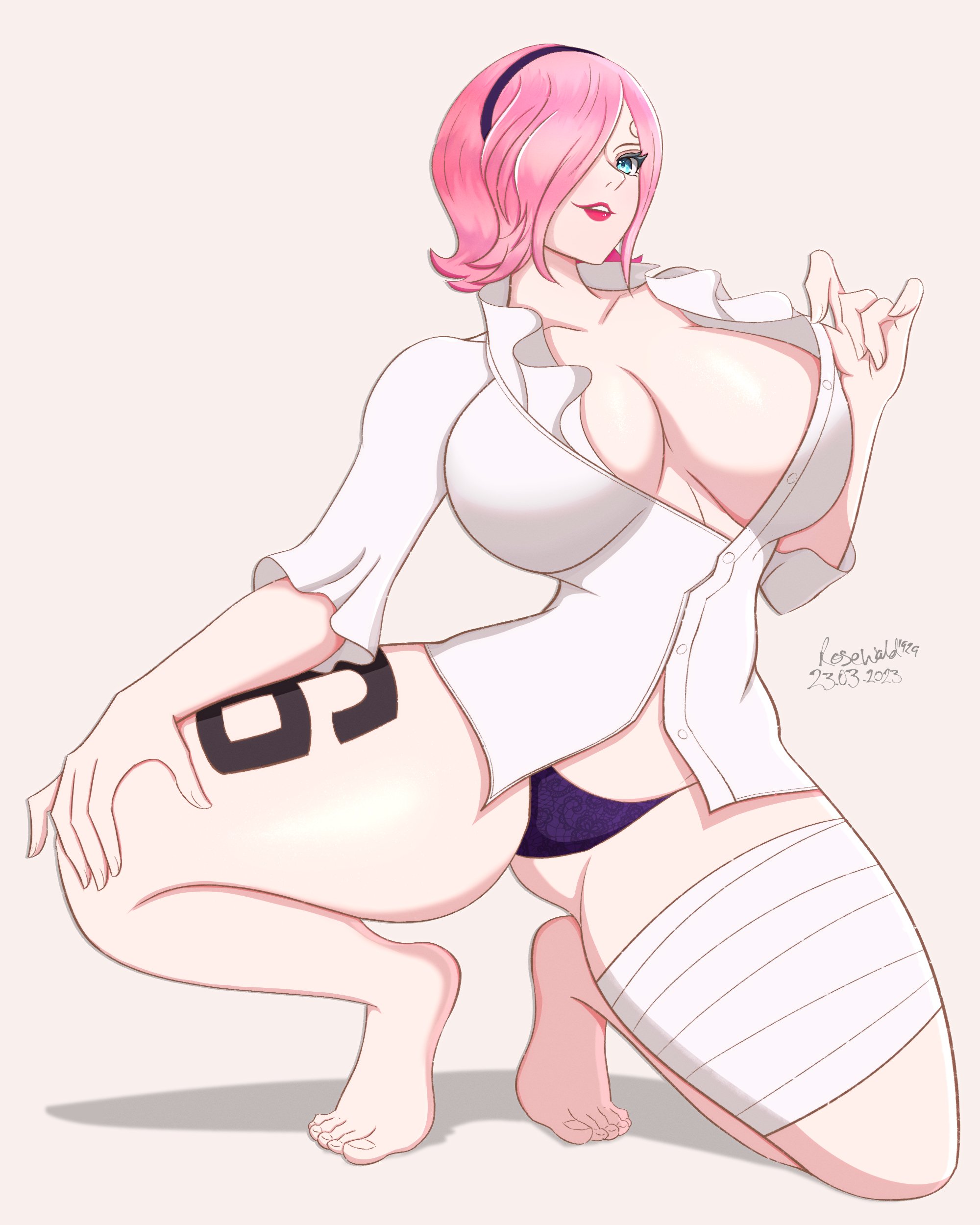 1girls, artist name, artist signature, bandage, big breasts, black tattoo, blue eyes, breasts, button down shirt, cleavage, female, female focus, female only, full color, large breasts, leg tattoo, looking at viewer, looking down, no pants, number tattoo, one eye covered, one piece, panties, pink hair, pink-haired female, rosewald1929, short hair, spread legs, tattoo, vinsmoke reiju