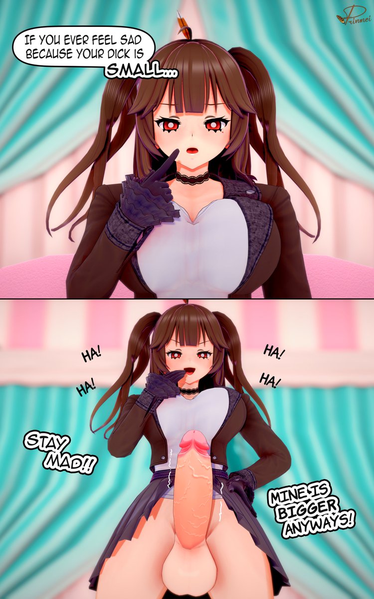 1futa 3d brown_hair futa_is_bigger futa_only futanari huge_balls huge_cock koikatsu looking_at_viewer looking_back looking_down_at_viewer prin(prinmei) prinmei red_eyes skirt skirt_up solo twintails