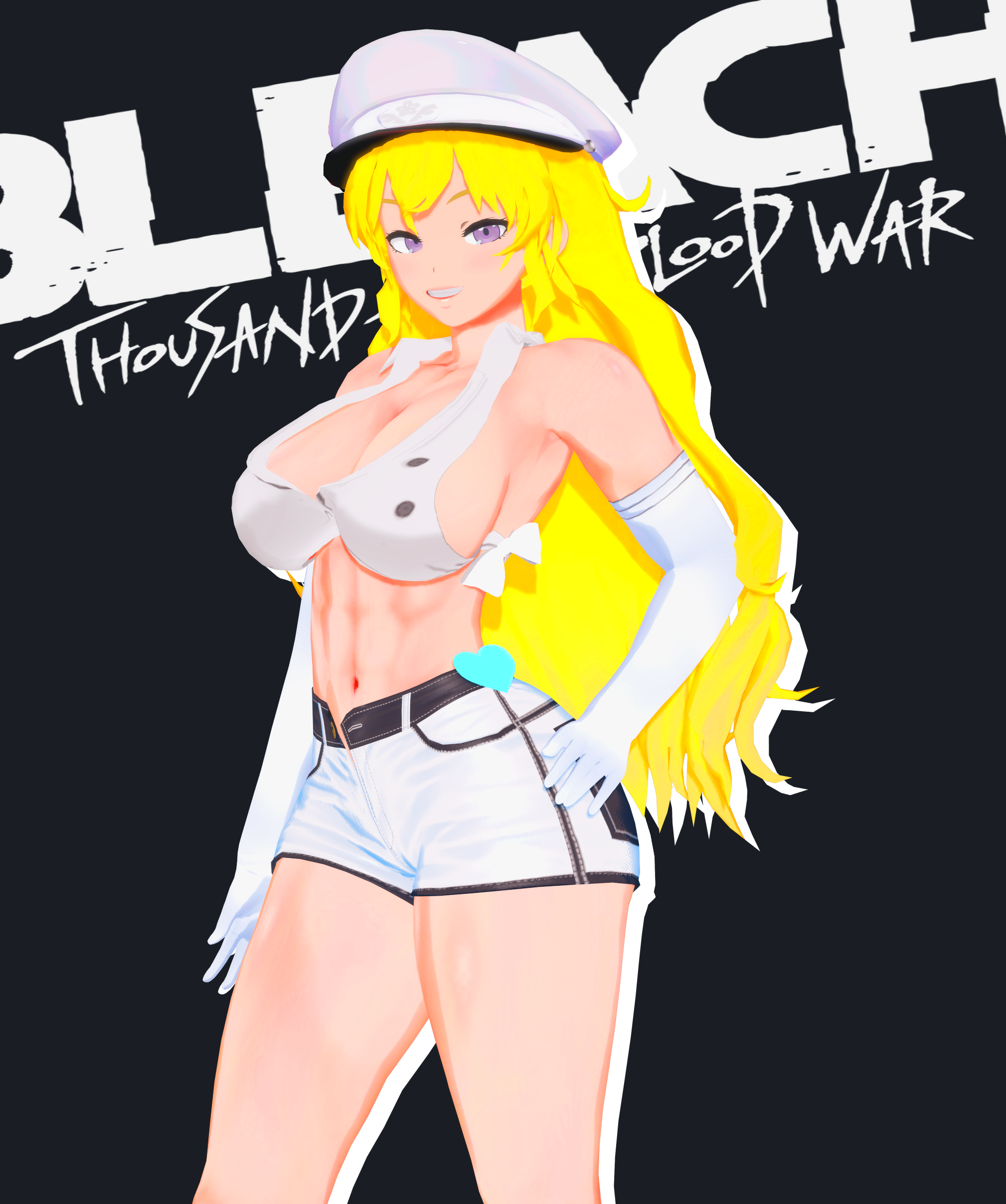 1girls, 3d, abs, arrancon, bleach, bleach: the thousand-year blood war, blonde female, blonde hair, candice catnipp (cosplay), cosplay, costume, crossover, female, hand on hip, long hair, long-haired female, purple eyes, quincy (bleach), rwby, yang xiao long
