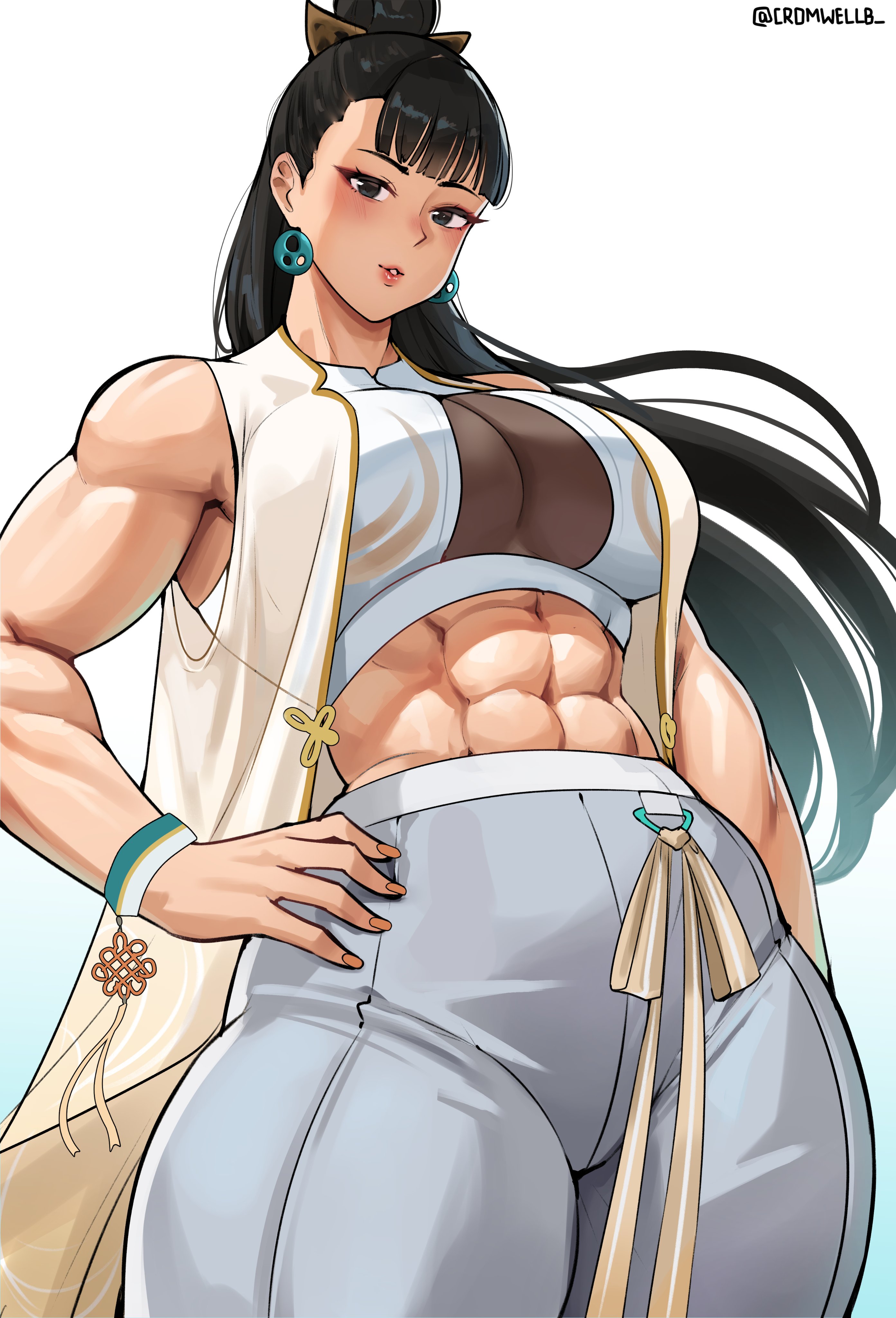 1girls, abs, asian, asian female, athletic, athletic female, big breasts, breasts, chinese, chinese female, chun-li, cromwellb, exposed midriff, female, female focus, female only, fully clothed, light skin, light-skinned female, looking at viewer, looking down, looking down at viewer, milf, muscular, muscular female, ponytail, solo, solo female, solo focus, street fighter, street fighter 6, thick thighs, thighs, toned, toned female
