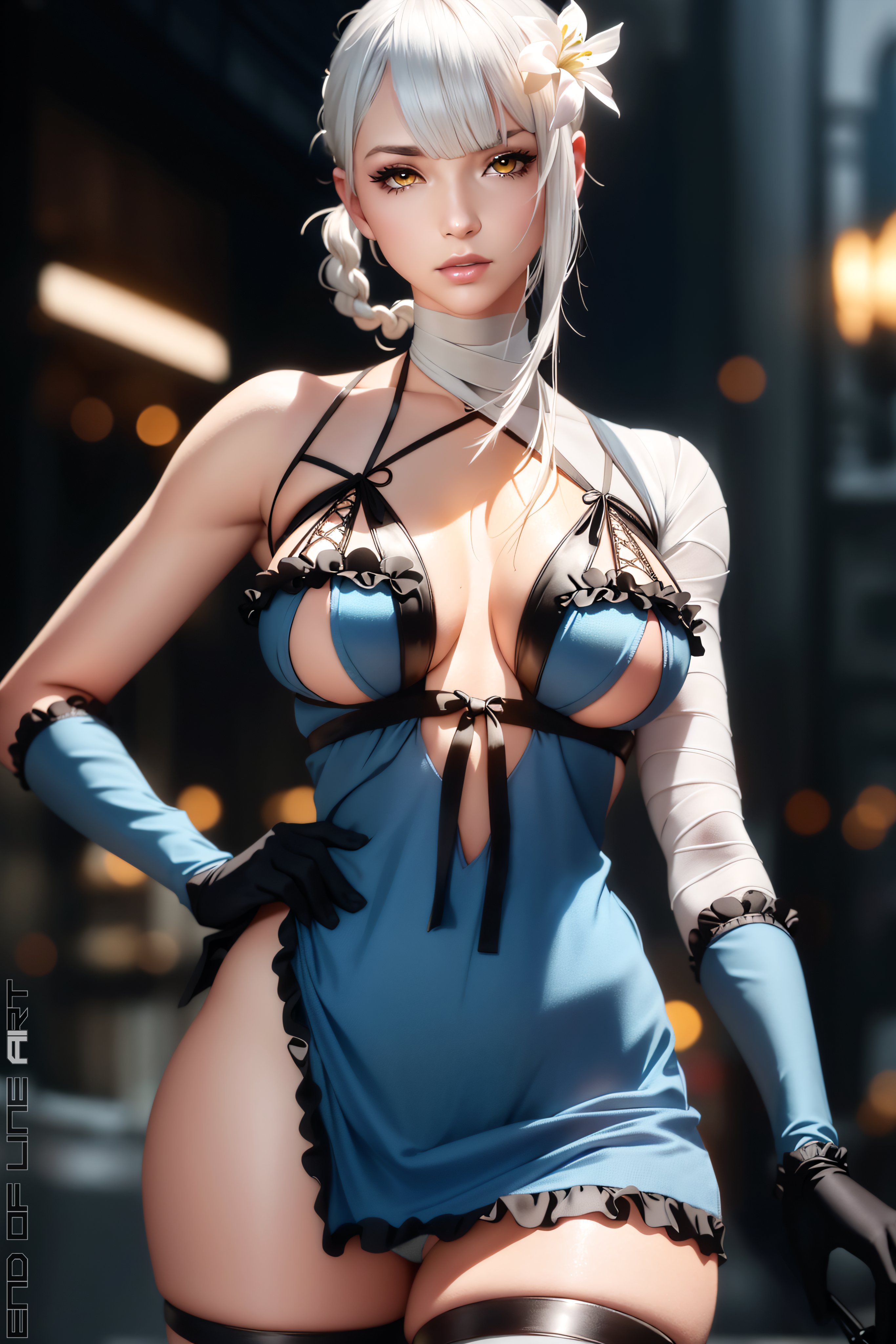1girls, ai generated, ass, big breasts, bob cut, breasts, end of line, female, kaine (nier), lingerie, nier, nier (series), nier replicant, panties, thick, thick ass, thick thighs, white hair