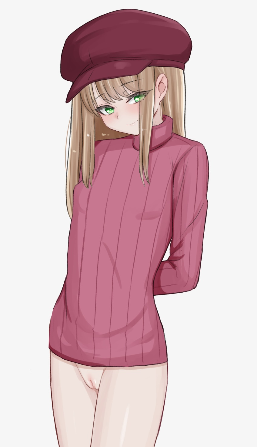 arms_behind_head blonde_hair blush bottomless breasts censored cleft_of_venus eyelashes female green_eyes hat highres long_hair looking_at_viewer mosaic_censoring mustee no_panties no_pants original pink_sweater pussy red_headwear sidelocks simple_background small_breasts smile solo standing sweater turtleneck turtleneck_sweater white_background