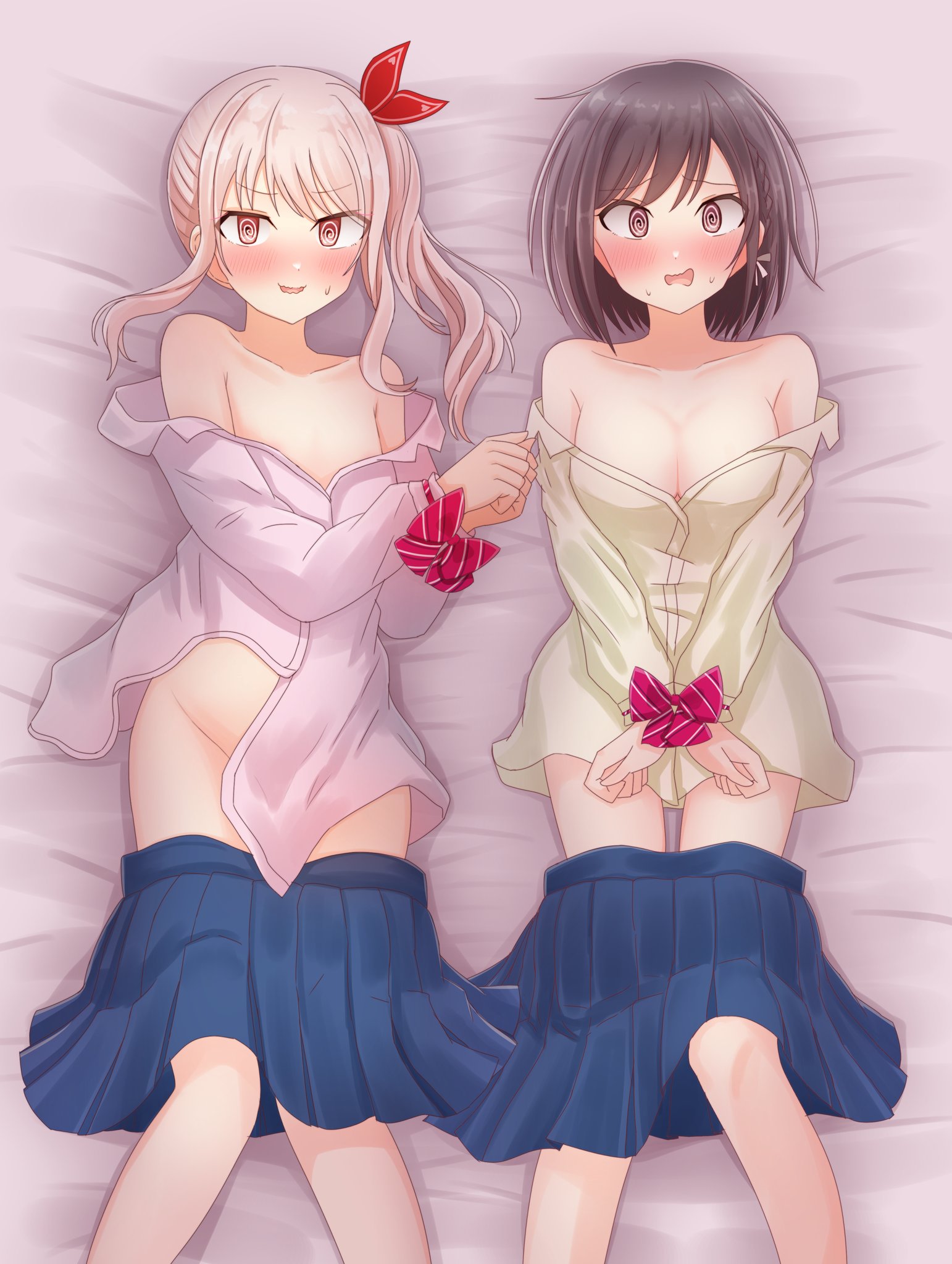 1other, akiyama mizuki, ambiguous gender, blush, breasts, chest, covering privates, female, looking at viewer, project sekai, shinonome ena, sweatdrop, tied up