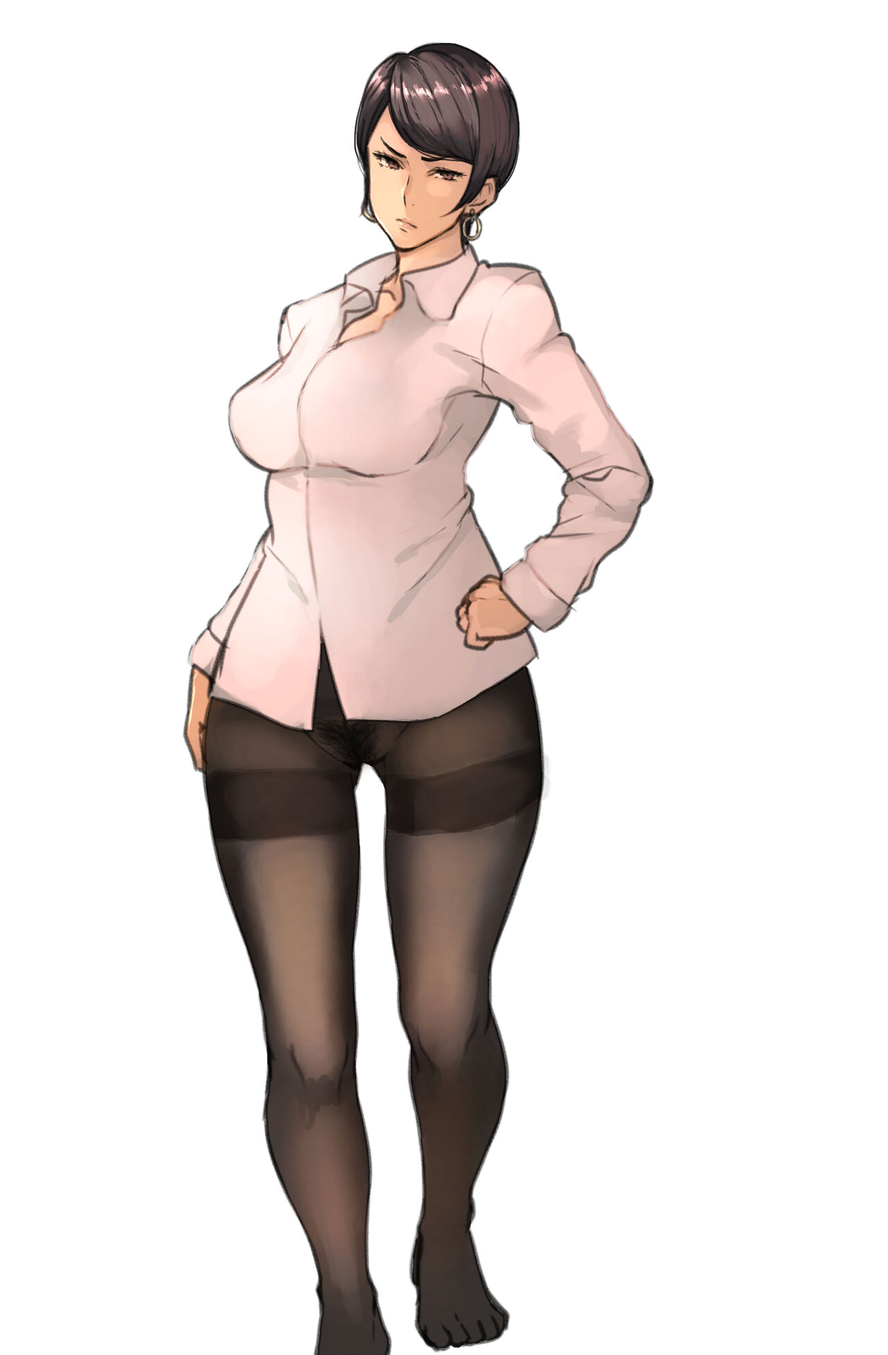 1girls, 2017, ass visible through thighs, black hair, breasts, brown eyes, clothing, earrings, feet, female, female only, frown, frowning office lady (pepe (jonasan)), hand on hip, highres, hoop earrings, jewelry, large breasts, mature female, no panties, no shoes, no skirt, office lady, original, pantyhose, pepe (jonasan), pubic hair, pussy, serious, shirt, short hair, simple background, solo, standing, thighband pantyhose, thighs, toes, white background, white shirt