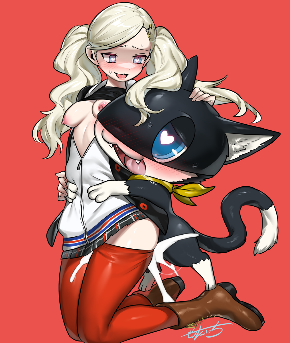 1boy :3 animal_ears ann_takamaki artist_request blonde_hair blue_hair blush boots breasts cat_ears cat_tail clothed_sex clothes_lift cum cum_overflow female furry furry_male furry_with_non-furry hair_ornament hairclip hand_on_another's_head heart heart-shaped_pupils highres interspecies kneeling looking_at_another mochitaichi morgana_(persona) morgana_(persona_5) nipples pantyhose persona persona_5 red_background red_pantyhose scarf school_uniform sex sex_from_behind shirt_lift shuujin_academy_school_uniform skirt symbol-shaped_pupils tail twintails yellow_scarf