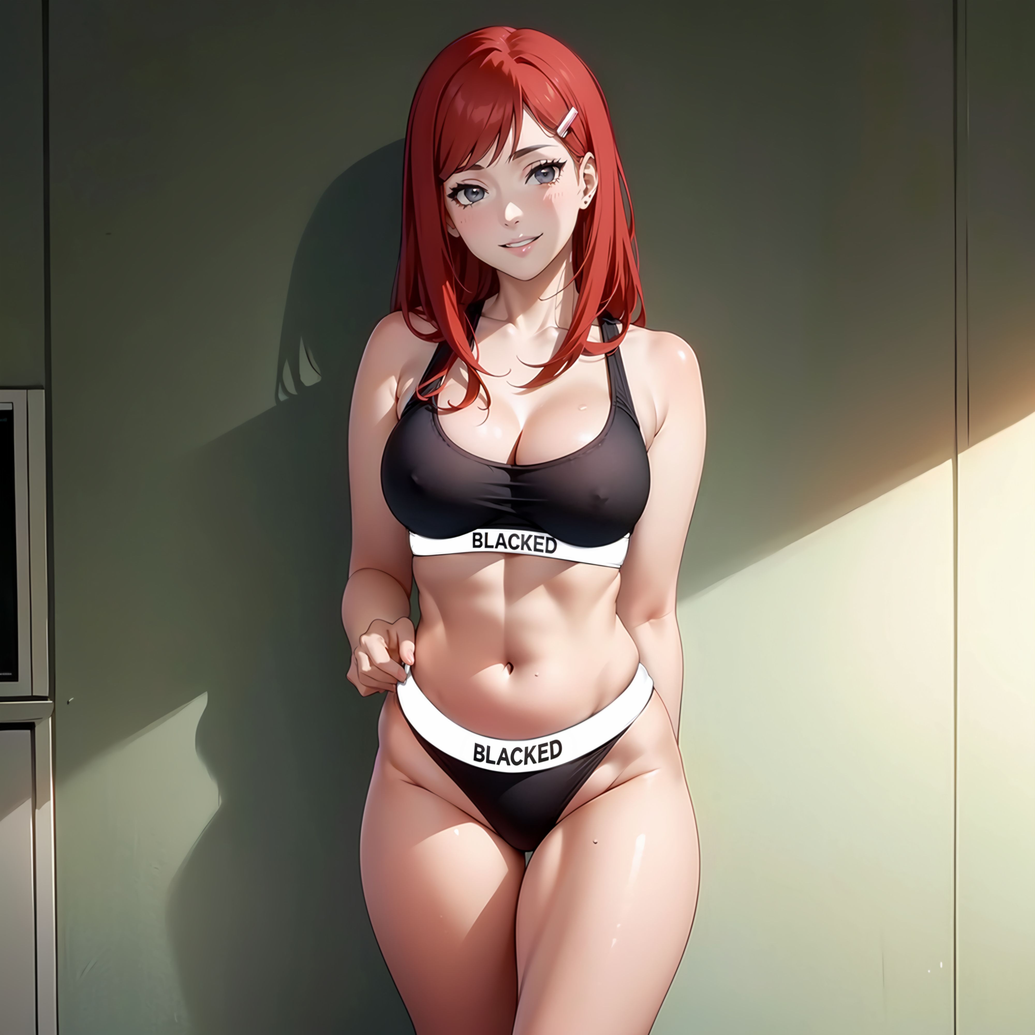 1girls, ai generated, blacked, blacked clothing, female, female only, looking at viewer, naruto, naruto (series), naruto shippuden, navel, samsara ai, uzumaki kushina