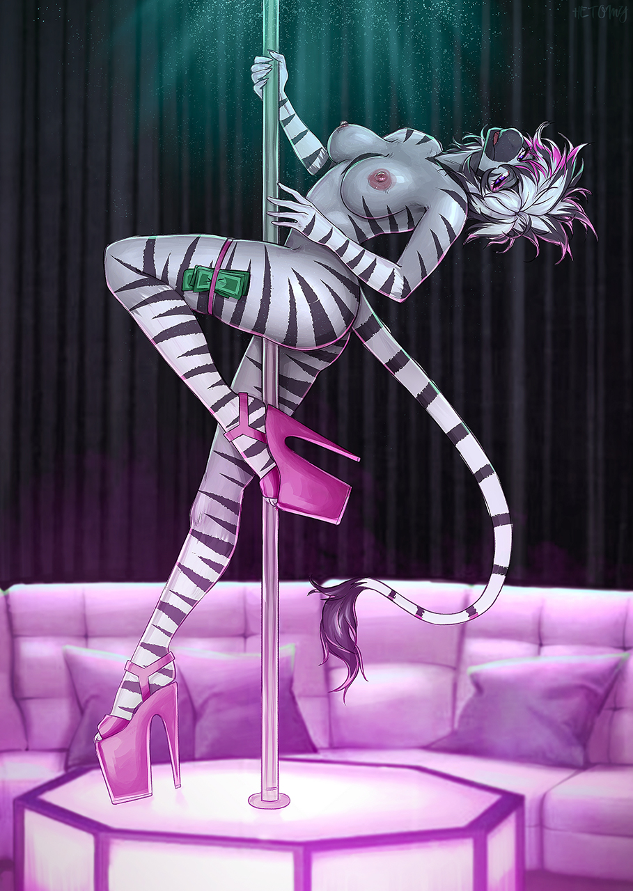 acrobatics anthro bar breasts clothing club dancing equid equine female footwear hetomy hi_res high_heels humanoid mammal money nipples pole private shoes solo striptease tail thong underwear zebra