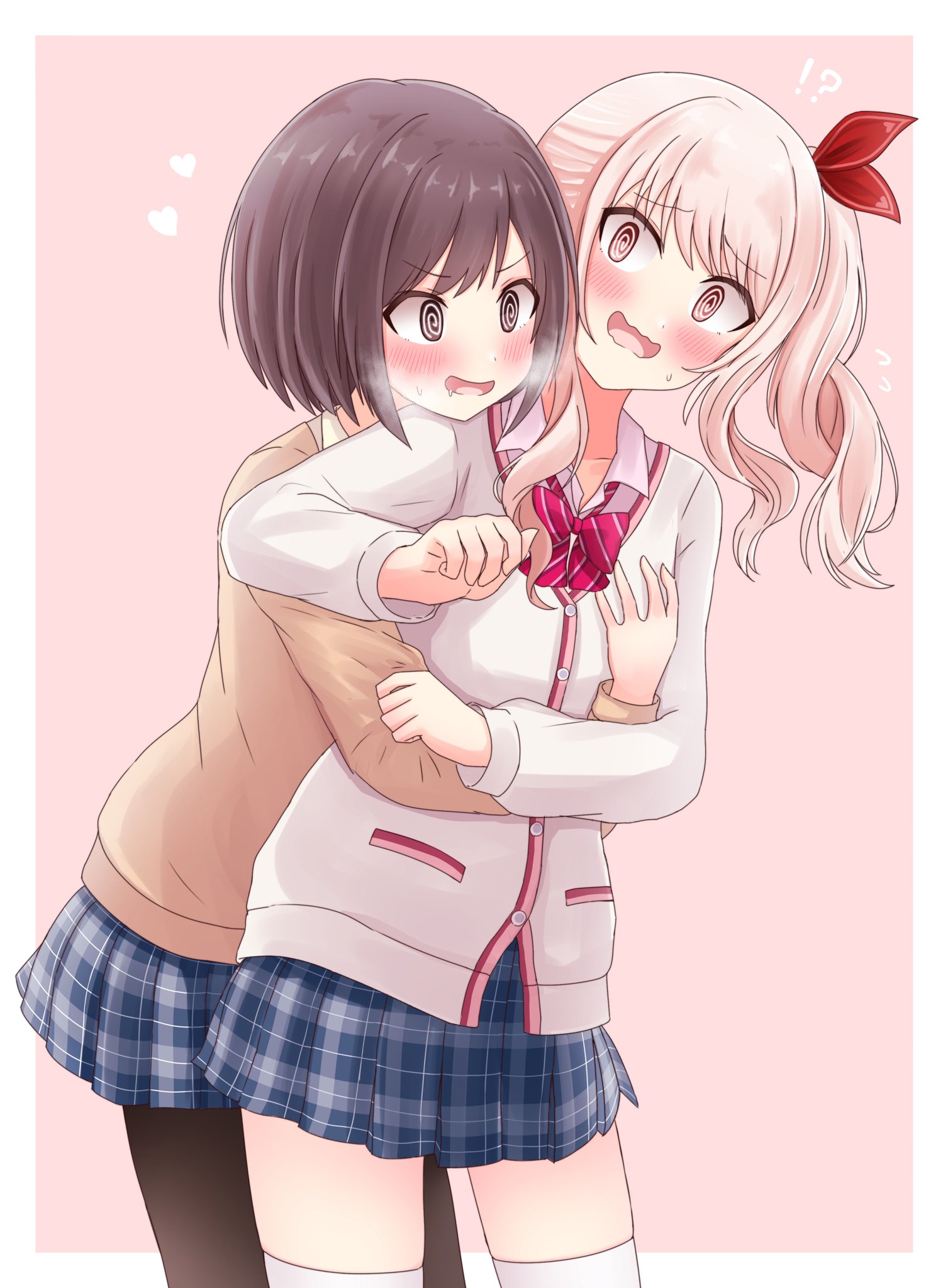 ?!, 1girls, 1other, akiyama mizuki, ambiguous gender, blush, female, groping chest, heavy breathing, hugging from behind, project sekai, shinonome ena, wide eyed