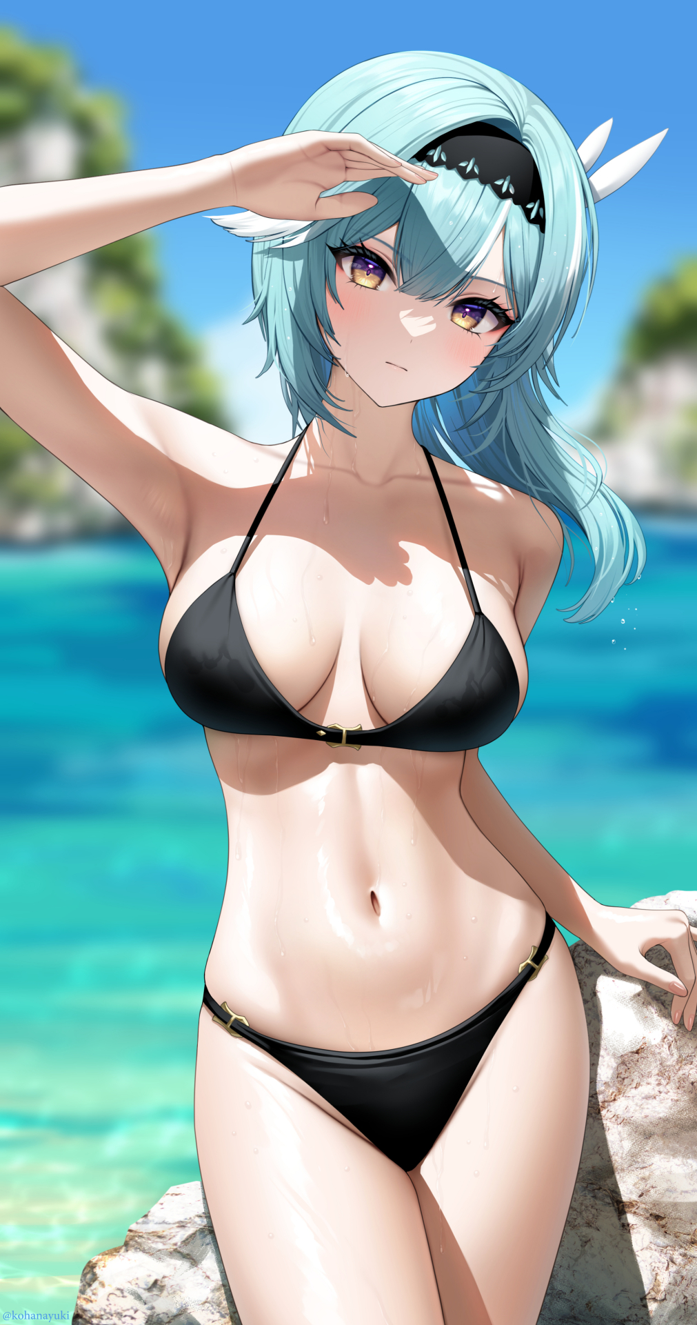 arm_up beach bikini black_bikini breasts eula_(genshin_impact) female female_only genshin_impact hoyoverse kohanayuki solo swimsuit