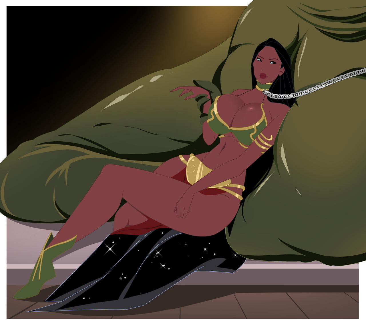 belly_dancer belly_dancer_outfit big_breasts bikini black_hair bondage boots breasts busty chain_leash chained chains cleavage collar cosplay crossover dark-skinned_female disney disney_princess female femsub ghostlessm harem_girl harem_outfit huge_breasts hutt jabba_the_hutt leash leash_and_collar loincloth long_hair lucasfilm male native_american pocahontas pocahontas_(character) slave slave_bikini slave_collar slave_leia_(cosplay) slave_outfit slavegirl star_wars submissive_female unseen_male_face voluptuous