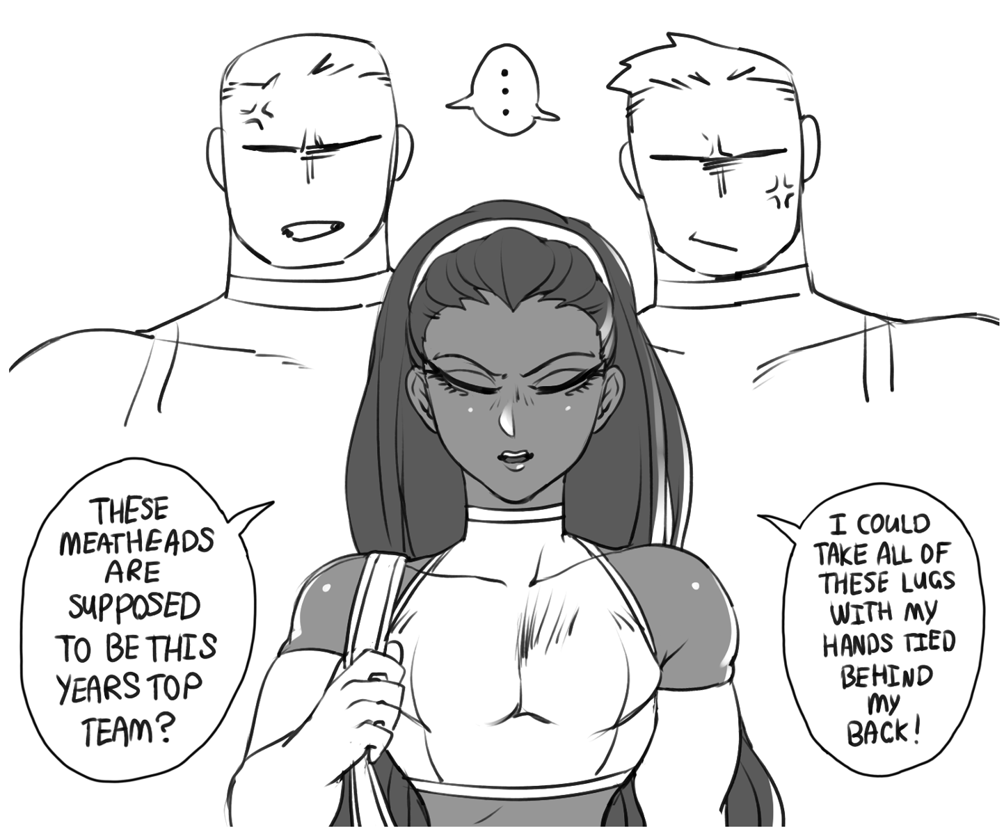 2023, 3boys, alex (dizzyspells), angry, angry face, angry vein, arm gloves, black and white, crop top, dark hair, dark skin, dark-skinned femboy, dark-skinned male, dizzyspells, eyelashes, faceless male, femboy, greyscale, hairband, male, male only, male/male, mocking, muscular, muscular arms, muscular male, original, original character, shiny body, shiny skin, speech, speech bubble, uncolored
