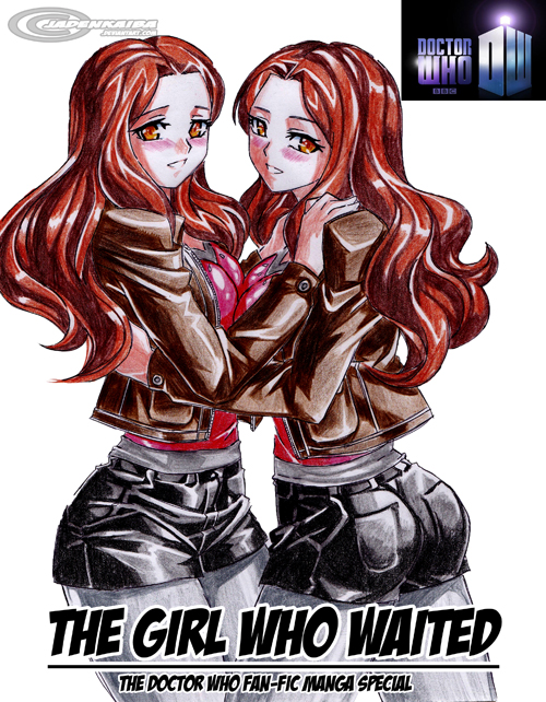 2girls amber_eyes amy_pond anime_style ass black_shorts blush blushing_at_viewer breasts breasts_visible_through_clothing brown_jacket clothed clothing companion_(doctor_who) doctor_who duo embrace embracing_another english_text female female/female female_focus female_only hair human imminent_kiss jacket jadenkaiba leggings leggings_under_shorts long_hair looking_at_viewer no_nude red_hair red_shirt selfcest text thick_thighs thighs watermark white_background yuri