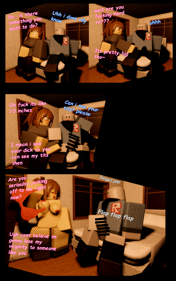 1boy 1girls 3d artist_name boner boner_in_pants breasts brown_hair bulge_in_pants censored_penis comic dialogue english_text handjob roblox robloxian saiga12pf self_upload sweater tagme text thick_thighs thighs