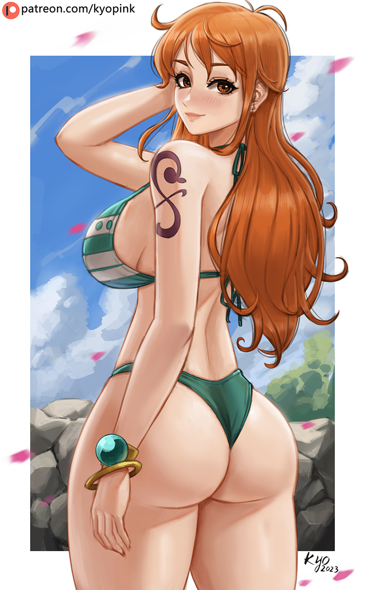 1girls 2023 ass bikini bubble_butt female female_only huge_breasts kyopink long_hair looking_at_viewer looking_back nami nami_(one_piece) one_piece orange_eyes orange_hair post-timeskip striped_bikini swimsuit tattoo voluptuous