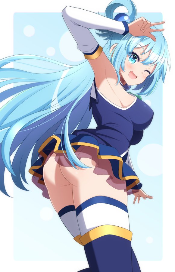 1girls, aqua (konosuba), armpits, ass, ass focus, blue eyes, blue hair, blue shirt, blue skirt, boots, bottomless, breasts, detached sleeves, female, from behind, hair rings, karst bunny, kono subarashii sekai ni shukufuku wo!, large breasts, long hair, miniskirt, no panties, pantyless, solo, thigh boots, thighhighs, thighhighs under boots, thighs, underbutt, white sleeves