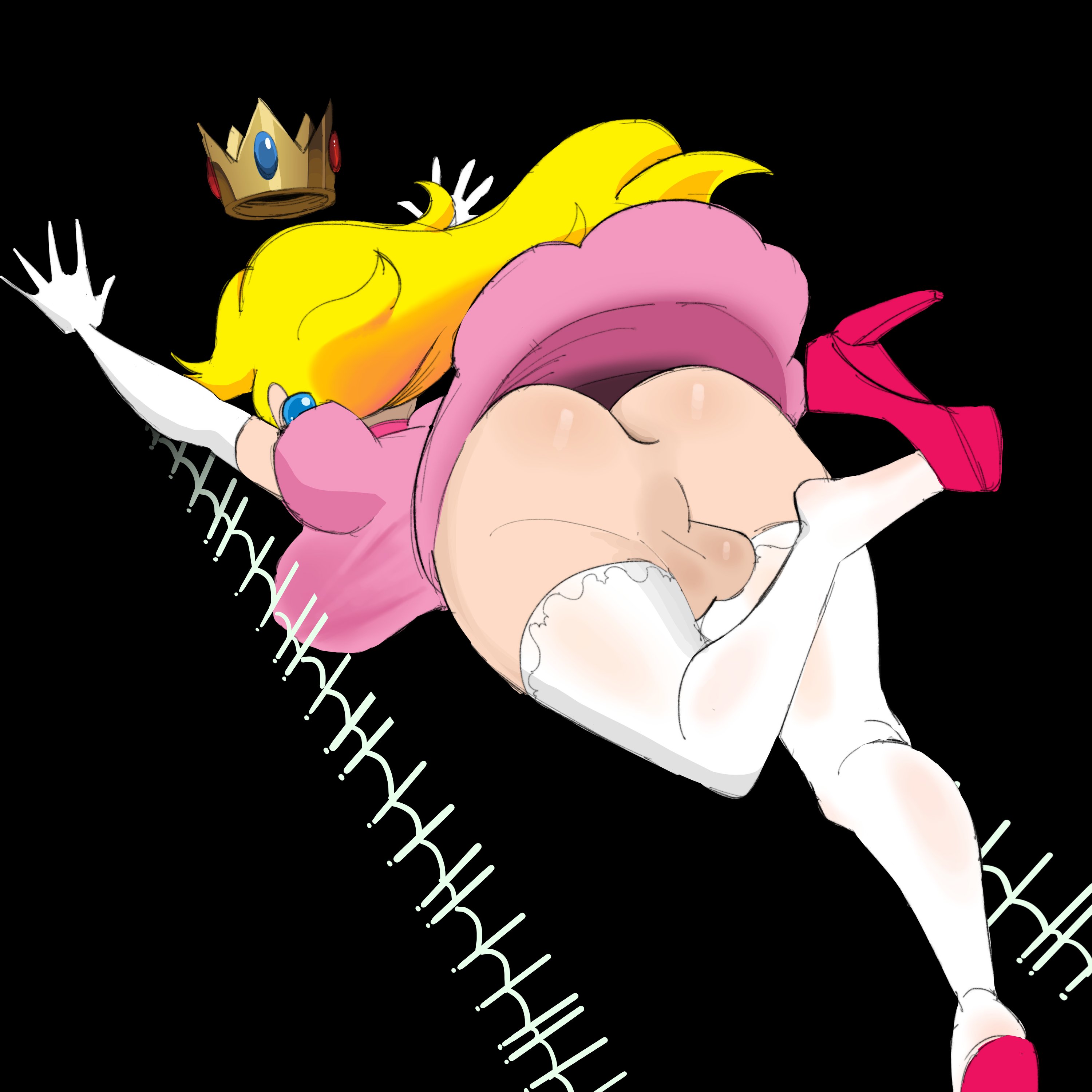 1futa, 2023, accidental exposure, anus, ass, back, back view, balls, big ass, blonde hair, bottomless skirt, capy diem, clothed, clothing, crown, dress, elbow gloves, futa focus, futa only, futa sans pussy, futanari, gloves, going commando, high heels, human, intersex, light skin, light-skinned futa, long hair, mario (series), mostly clothed, nintendo, penis, penis under clothes, penis under skirt, perineum, princess peach, skirt, smooth balls, solo, taint, thighhighs, tripping