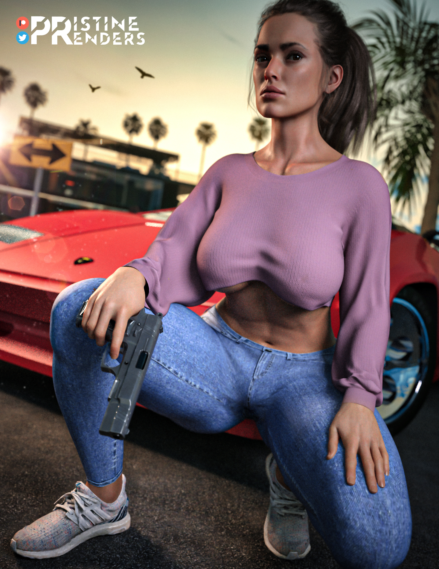 breasts, clothing, dark skin, female, female only, firearm, grand theft auto, grand theft auto vi, handgun, hispanic, human, latina, lucia caminos, pristinerenders, public, puerto rican, thick, weapon