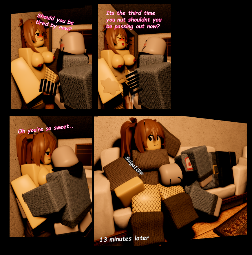 1boy 1girls 3d artist_name censored_penis comic cum cum_on_hands cumshot dialogue english_text pinned_against_wall pinned_to_wall roblox robloxian saiga12pf self_upload tagme thick_thighs thighs tired