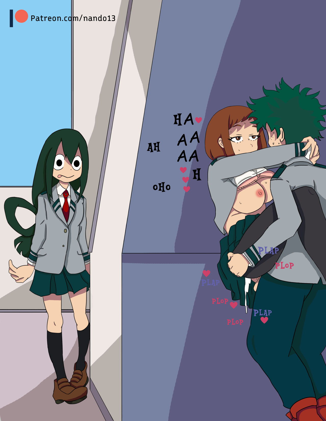 1boy, 1girls, 2girls, arms around neck, big breasts, breasts, brown eyes, brown hair, brown-haired female, caught in the act, clothed sex, creampie, cuckquean, cum, cum inside, female, green eyes, green hair, green-haired female, green-haired male, hearts around body, hearts around text, izuku midoriya, lifted, lifted by another, lifting, male, male penetrating, male penetrating female, male/female, moaning, my hero academia, nando13, ochako uraraka, public, public sex, school, school uniform, schoolgirl, standing, teenager, tongue, tongue out, tsuyu asui, u.a. school uniform, watching, watching sex