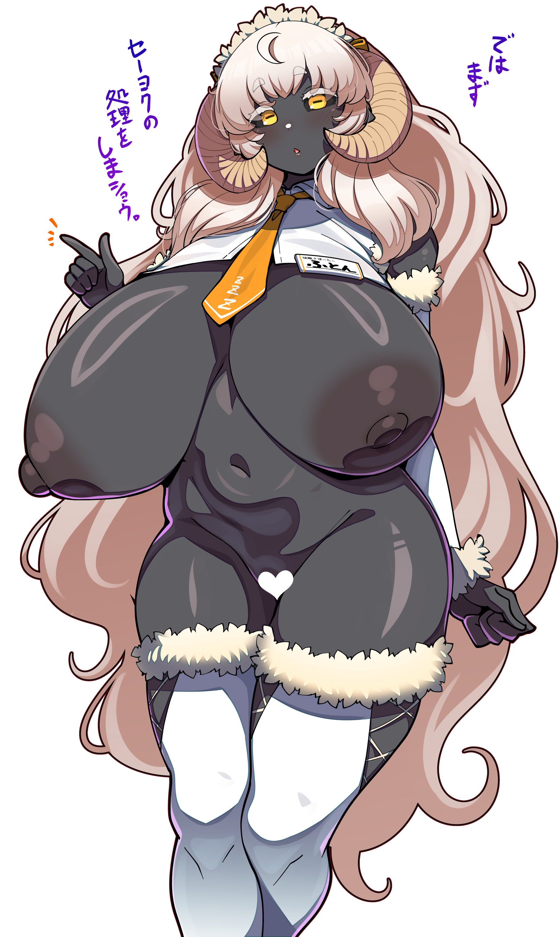 1girls, 2023, absurd res, animal ears, areolae, black sclera, black skin, blush, breasts, brown hair, censored, clothing, curled horns, detached sleeves, ewe, eyebrows visible through hair, eyes visible through hair, female, female only, fluffy, fluffy hair, fur trim, fur-trimmed legwear, fur-trimmed sleeves, gigantic breasts, heart, highres, horns, id card, index finger raised, japanese text, konoshige (ryuun), large areolae, light brown hair, long hair, looking at viewer, maid headdress, navel, necklace, nipples, open mouth, original, pussy, revealing clothes, ryuun (stiil), sheep ears, sheep girl, sheep girlfriend (konoshige), sheep horns, simple background, solo, standing, text, thick thighs, thighhighs, thighs, tongue, translated, unusual anatomy, unusual eyes, unusual pupils, very long hair, white background, wide hips, wool, yellow eyes, zzz