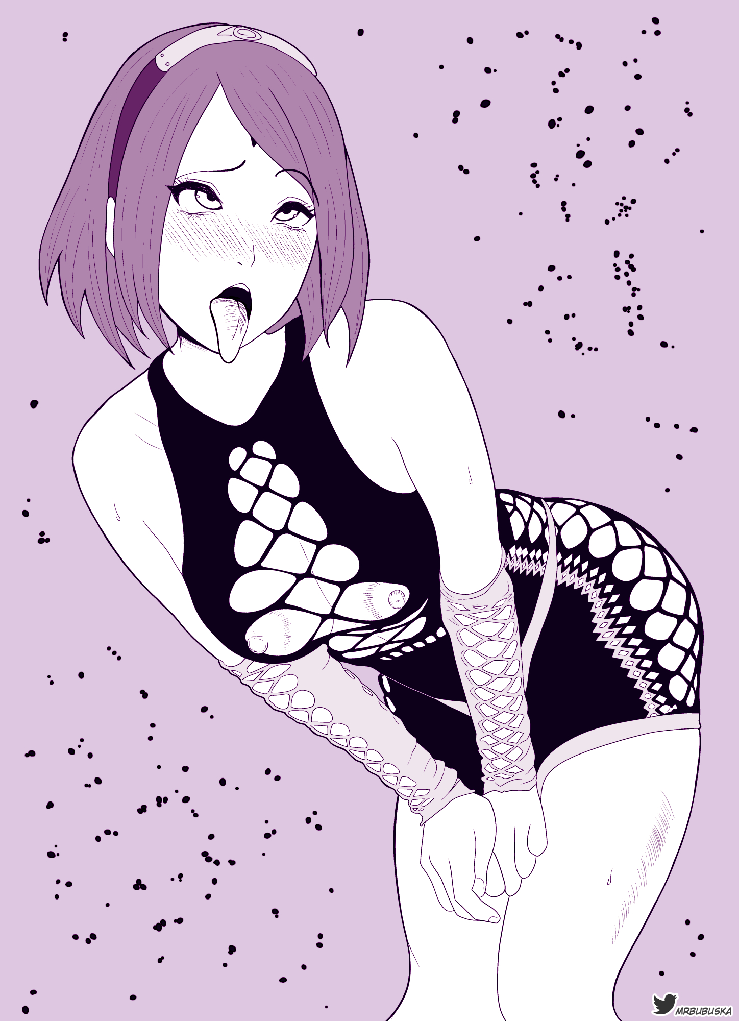 1girls, ahe gao, arm warmers, bare legs, bare shoulders, bent over, breasts, dress, exposed breasts, exposed nipples, eyes rolling back, feet out of frame, female, hairband, leaning, leaning forward, legs together, long hair, monochrome, mrbubuska, naruto, naruto (series), naruto shippuden, naruto: the last, nipples, no bra, partially colored, petite, revealing clothes, sakura haruno, see-through, see-through clothing, skimpy, skimpy clothes, spot color, standing, twitter username, url, watermark, web address, wide hips