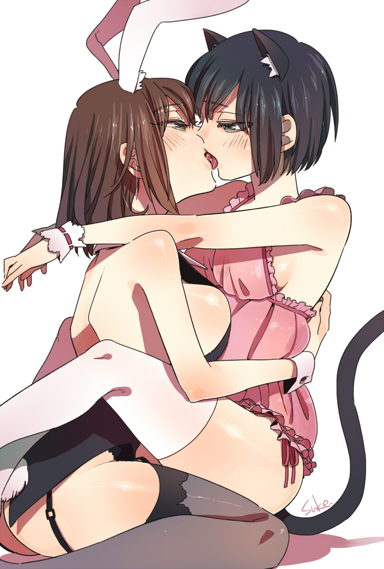 2girls, animal ears, arms around neck, ass, babydoll, back, bare back, bare shoulders, black hair, blush, breast press, breasts, brown hair, cat ears, cat tail, couple, cowgirl position, detached collar, dress, eye contact, fake animal ears, female, female focus, french kiss, garter belt, garter straps, green eyes, half-closed eyes, hug, kissing, large breasts, leg lock, legs, leotard, looking at another, multiple females, multiple girls, necktie, original, pink dress, playboy bunny, rabbit ears, rabbit tail, shiny skin, short hair, sideboob, sitting, sukemdrr, sweat, tail, thighhighs, tongue, white legwear, wrist cuffs, yuri
